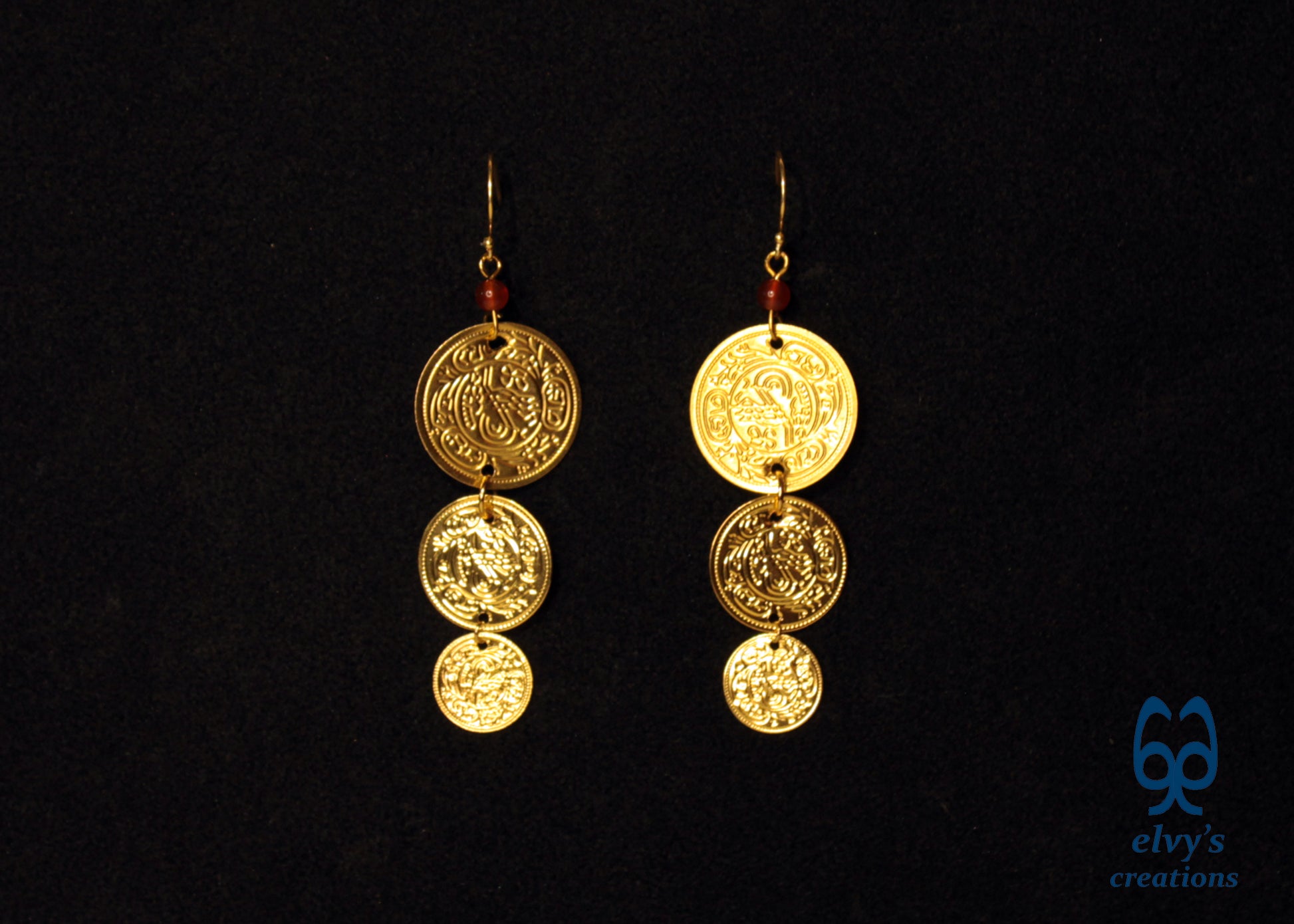 Gold Folklore Earrings, Coin Dangle Greek Traditional Jewelry, Sterling Silver Gold Plated Gypsy Jewelry, Gemstone