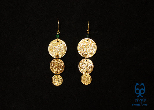 Gold Folklore Earrings, Coin Dangle Greek Traditional Jewelry, Sterling Silver Gold Plated Gypsy Jewelry, Gemstone