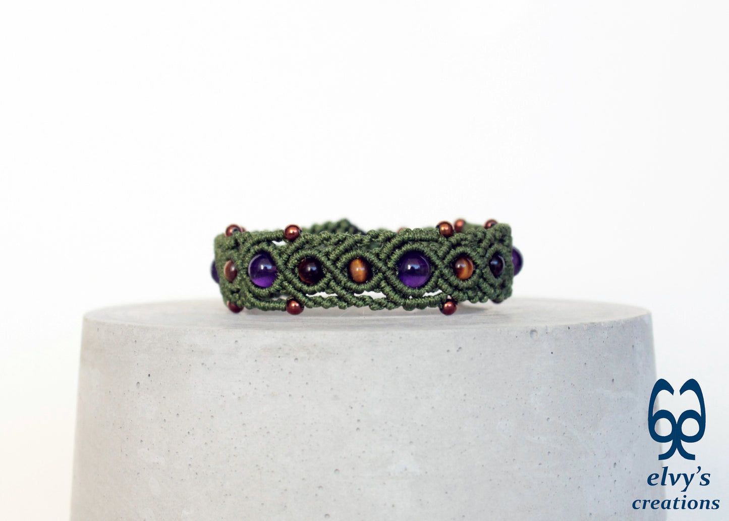 Green Macrame Bracelet with Amethyst, Hematite and Tiger Eye Bracelet for Women