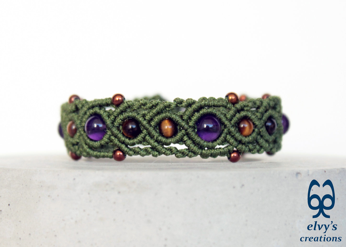 Green Macrame Bracelet with Amethyst, Hematite and Tiger Eye Bracelet for Women