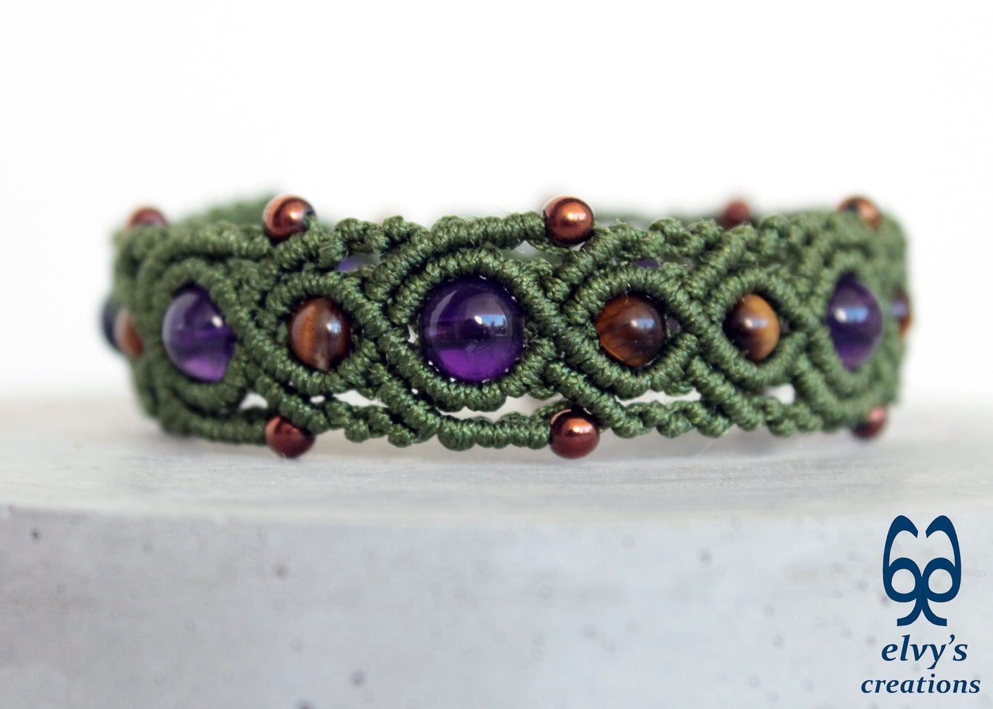 Green Macrame Bracelet with Amethyst, Hematite and Tiger Eye Bracelet for Women