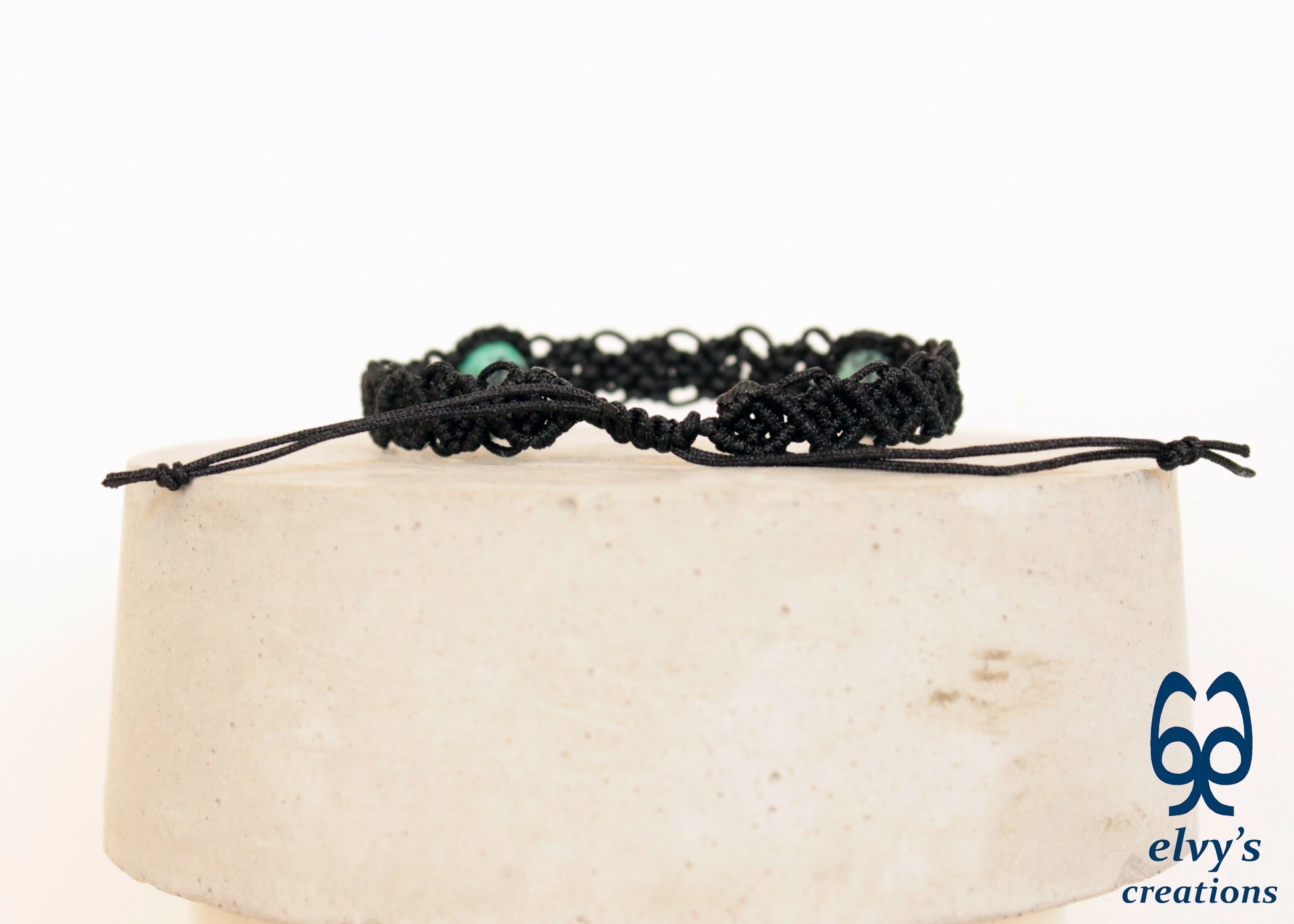 Black Macrame Cuff Bracelet With Turquoise Gemstones Beaded Adjustable Bracelet for Women