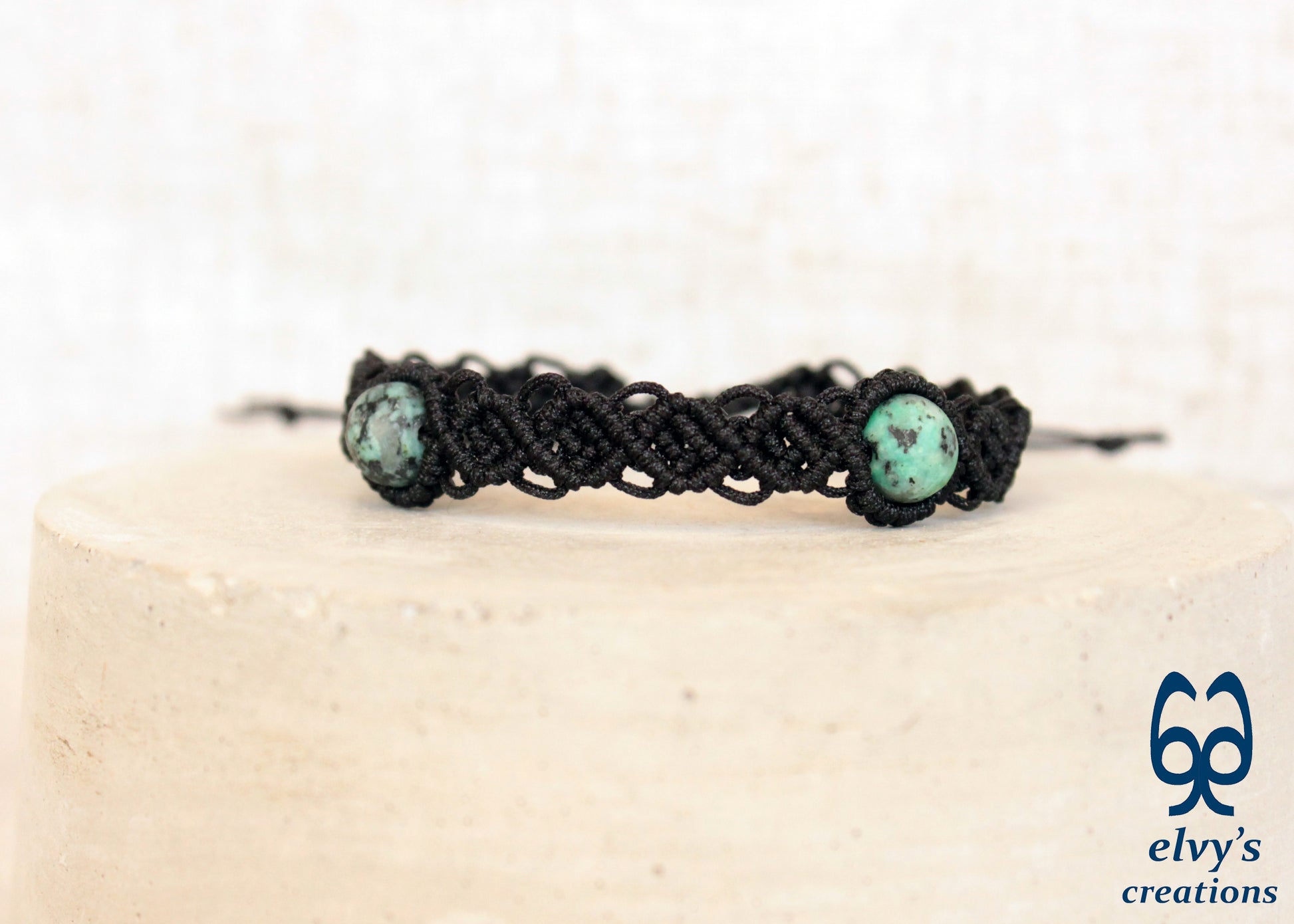 Black Macrame Cuff Bracelet With Turquoise Gemstones Beaded Adjustable Bracelet for Women