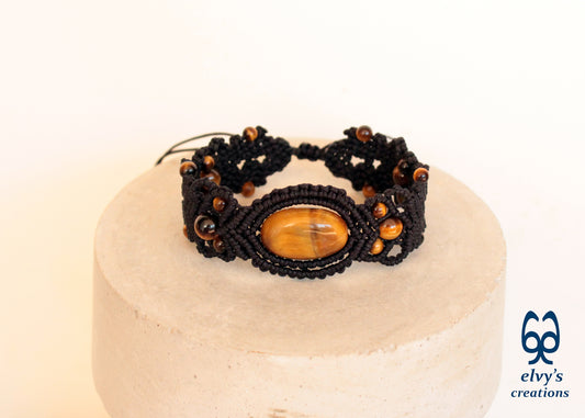 Unique Macrame Cuff Bracelet Tiger Eye Women Brown Handmade Jewelry 