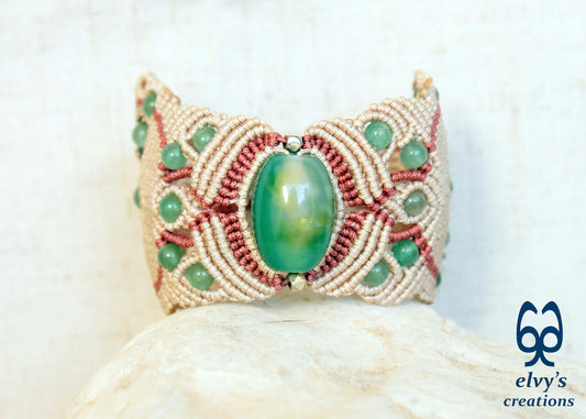 Handmade Macrame Bracelet, Aventurine Gemstone Beaded Cuff, Unique Birthday Gift for Women