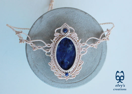 Handmade Blue Macrame Necklace with Crystal Lapis Lazuli Gemstones Sodalite Necklace Pendant