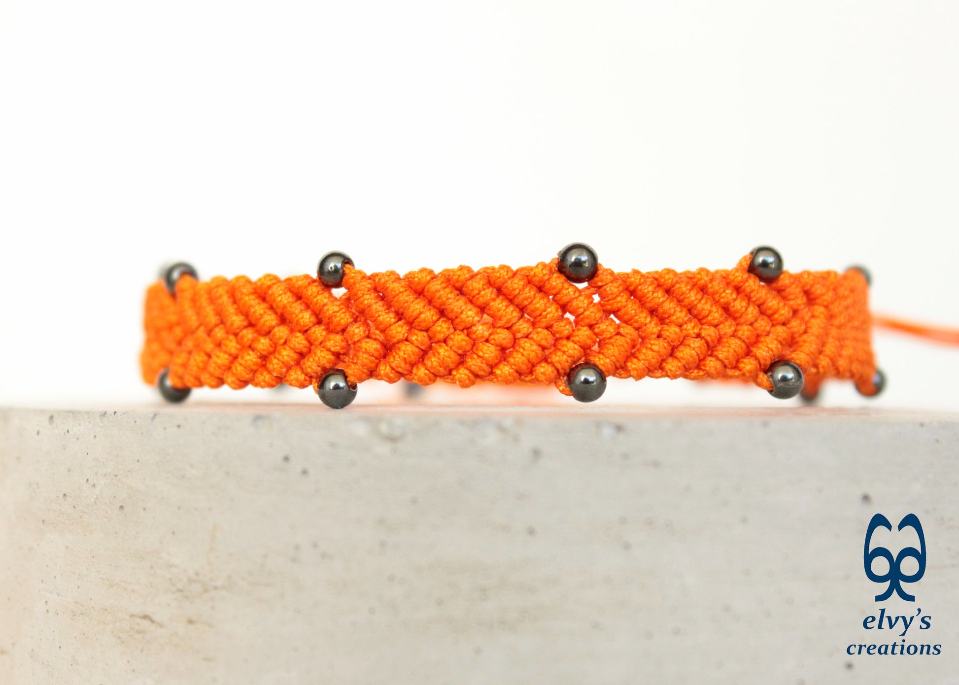 Orange Beaded Cuff Bracelet for Man with Dark Gray Matte Hematite Natural Gem Fathers Day Present Adjustable Ending