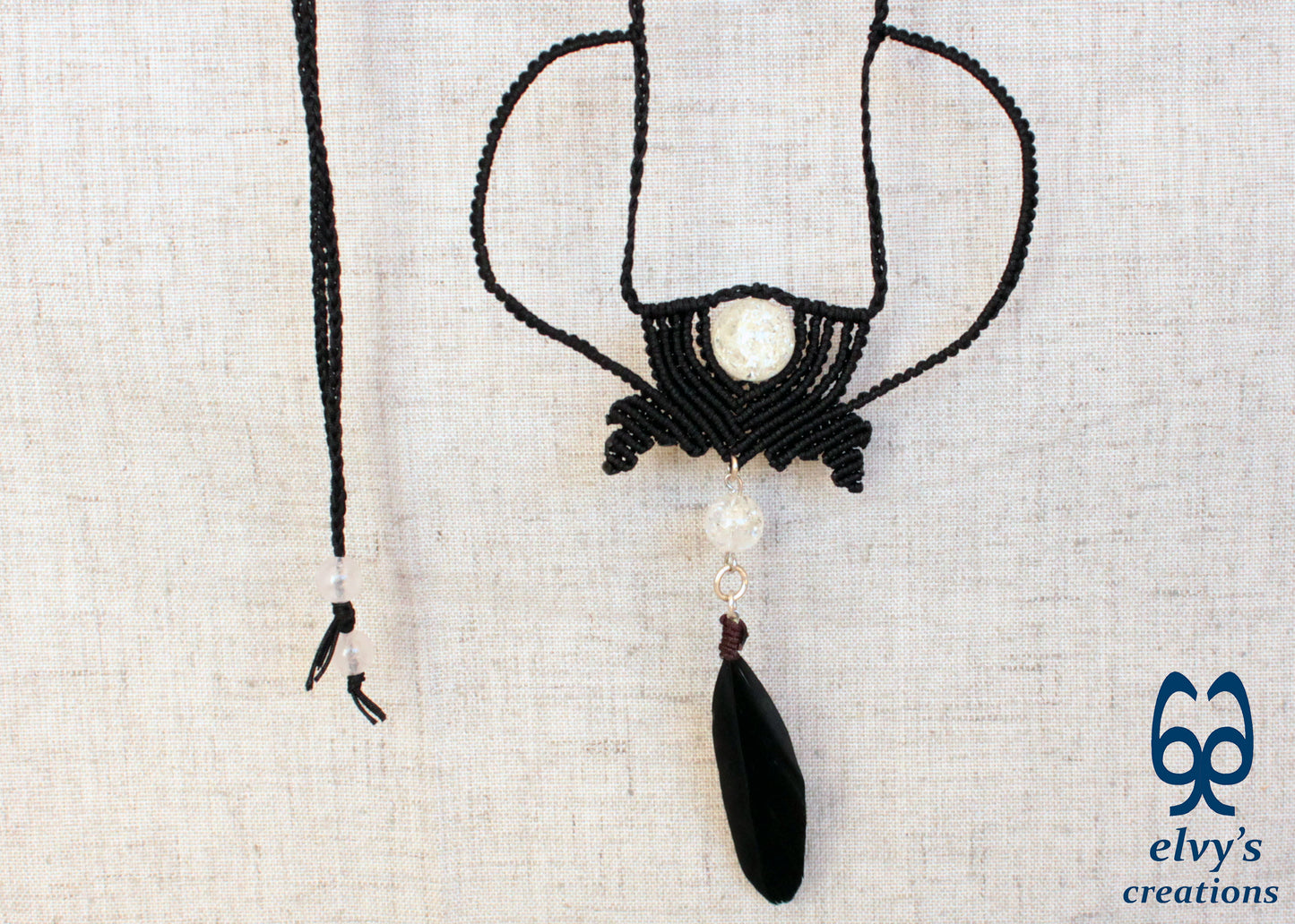 Black Macrame Necklace with Crystal Quartz Gemstone and Black Feather Black Festival Woven Beaded Necklace Gift for Her 