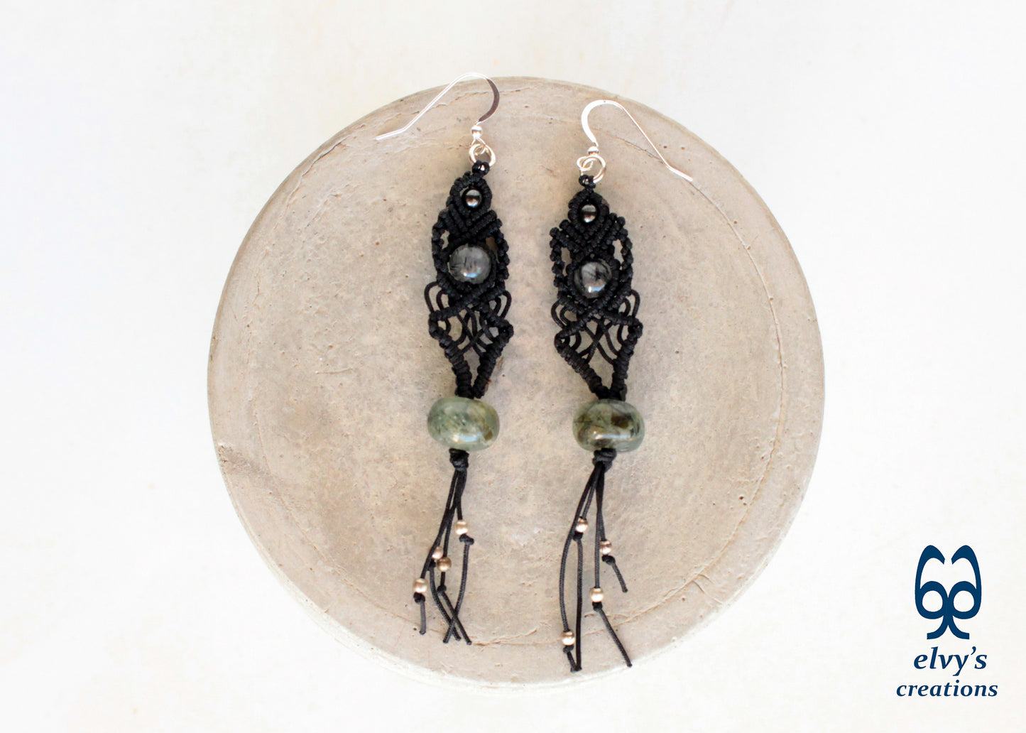 Black Macrame Beaded Dangle Earrings with Green Agate, Crystal Quartz and Hematite Natural Gemstones for Women Jewelry Boho Earrings 