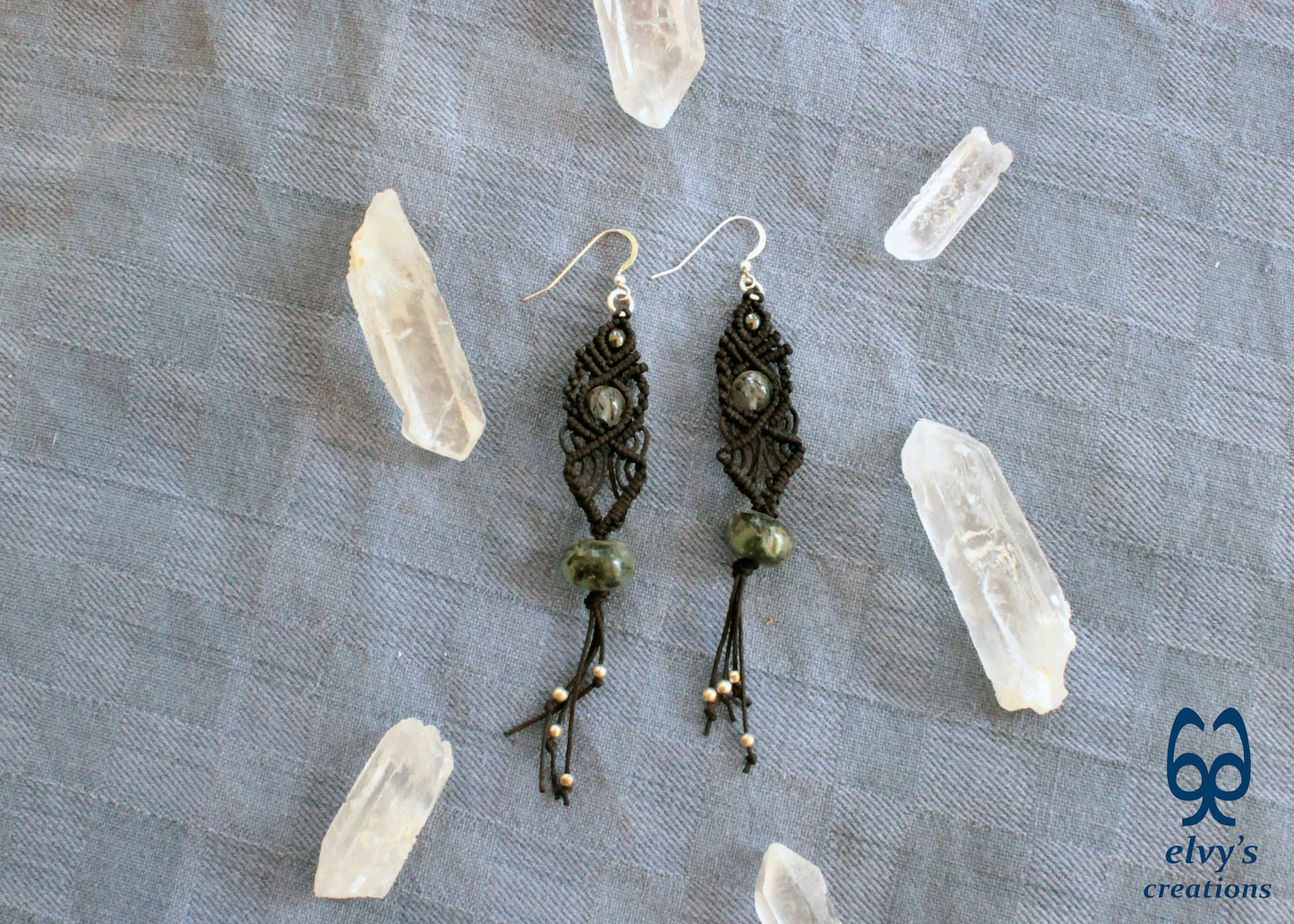 Handmade Macrame Silver Earrings, Crystal Gemstone Handmade Jewelry,Gift for Women