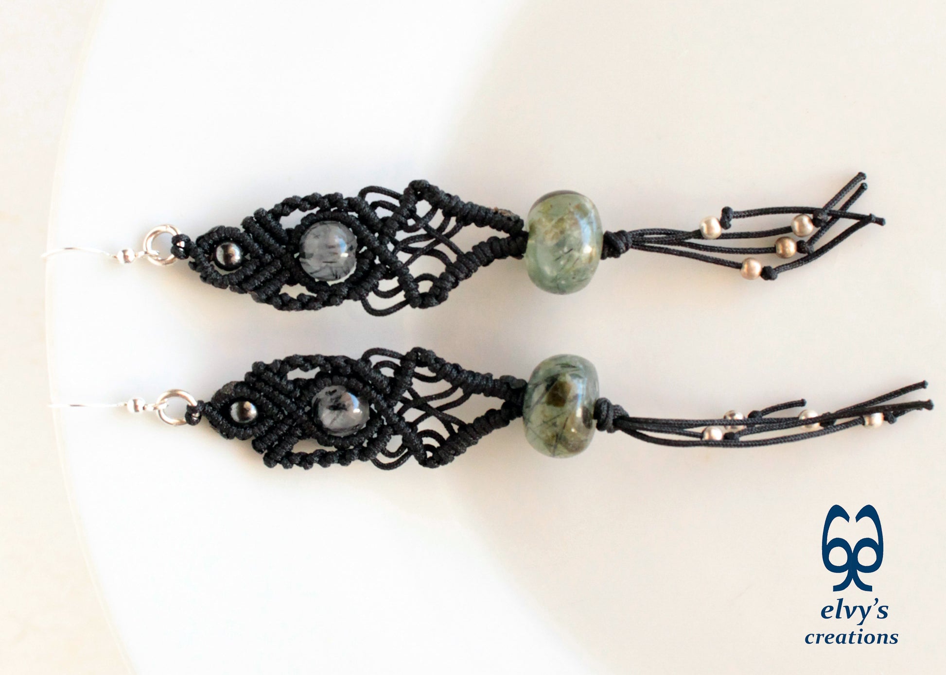 Black Macrame Beaded Dangle Earrings with Green Agate, Crystal Quartz and Hematite Natural Gemstones for Women Jewelry Boho Earrings 