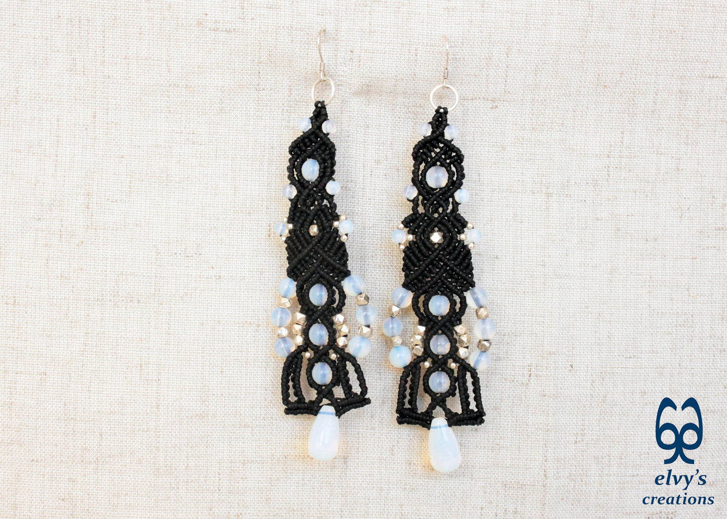 Moonstone Macrame Earrings, Silver Beaded Gemstone Earrings, Gift for Women