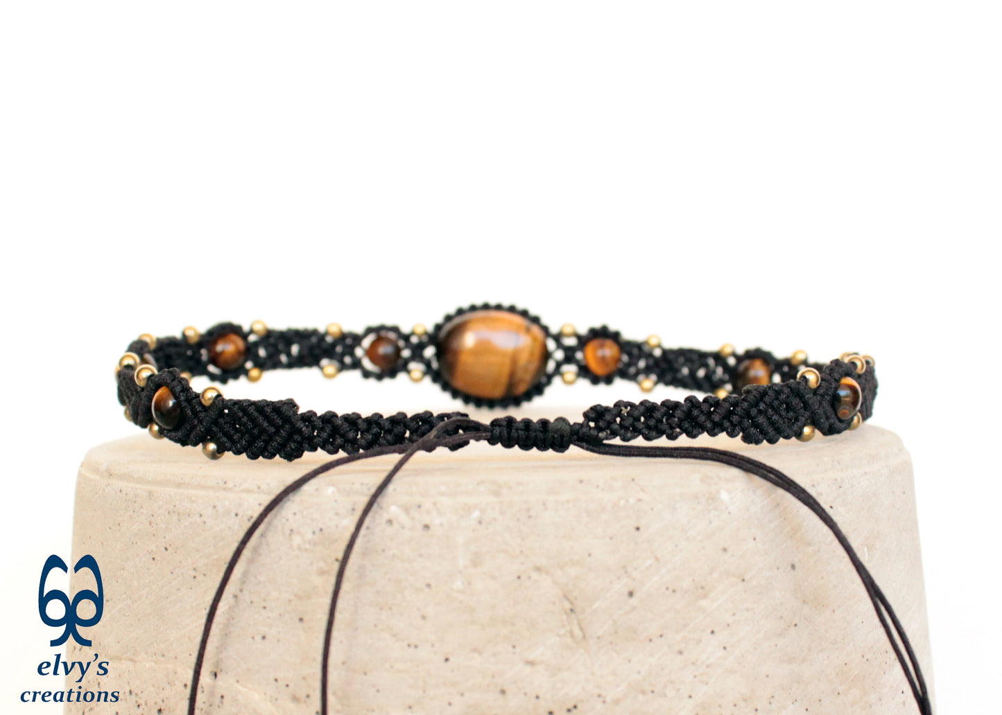 Black Macrame Necklace Adjustable Handcraft Choker With Tiger Eye and Hematite Gemstones