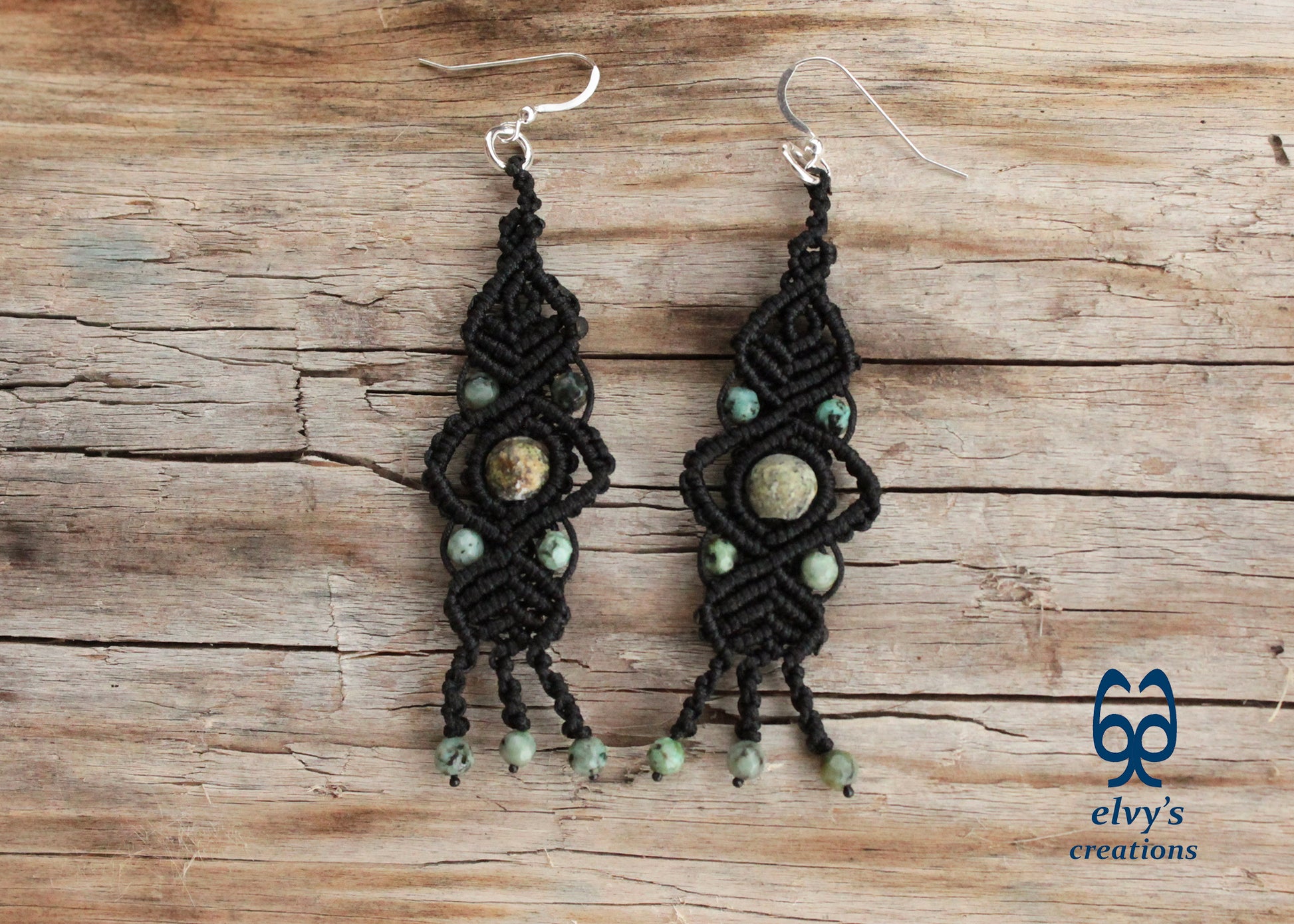 Black Macrame Earrings with Turquoise Gemstones Lace Silver Earrings