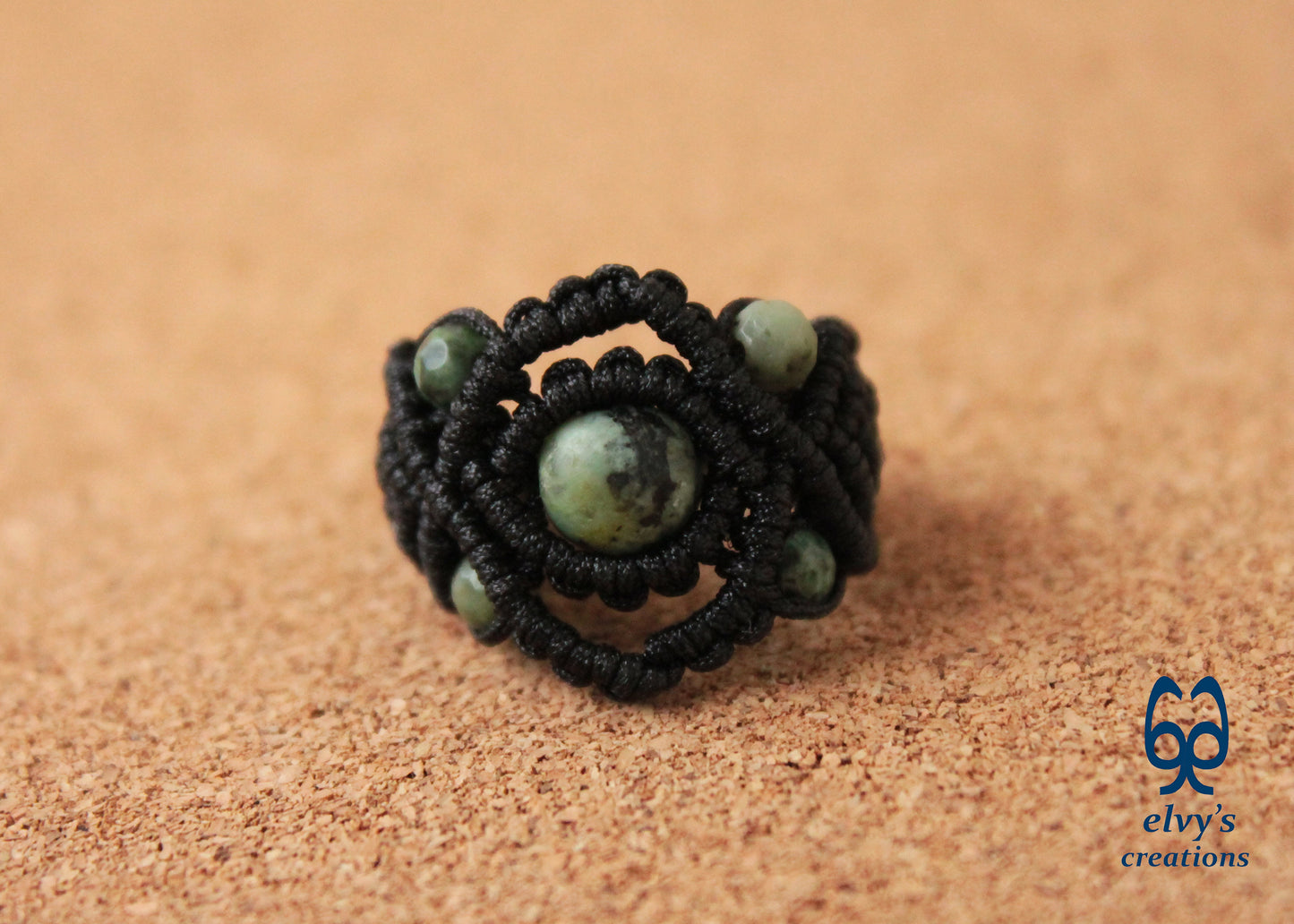 Black Macrame Ring with Turquoise Gemstones Handmade Macrame Jewelry