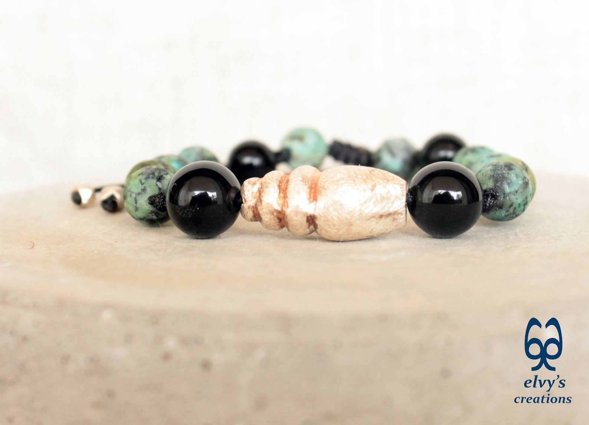 Turquoise Macrame Bracelet, Onyx Gemstone Beaded Cuff, Unique Birthday Gift for Women