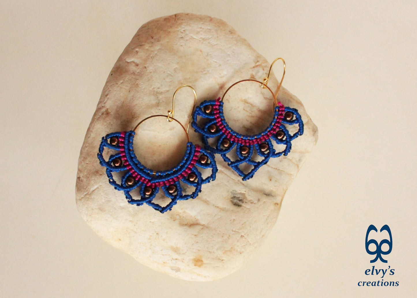 Blue Macrame Earrings with Hematite Gemstones Lotus Gold Hoop Earrings