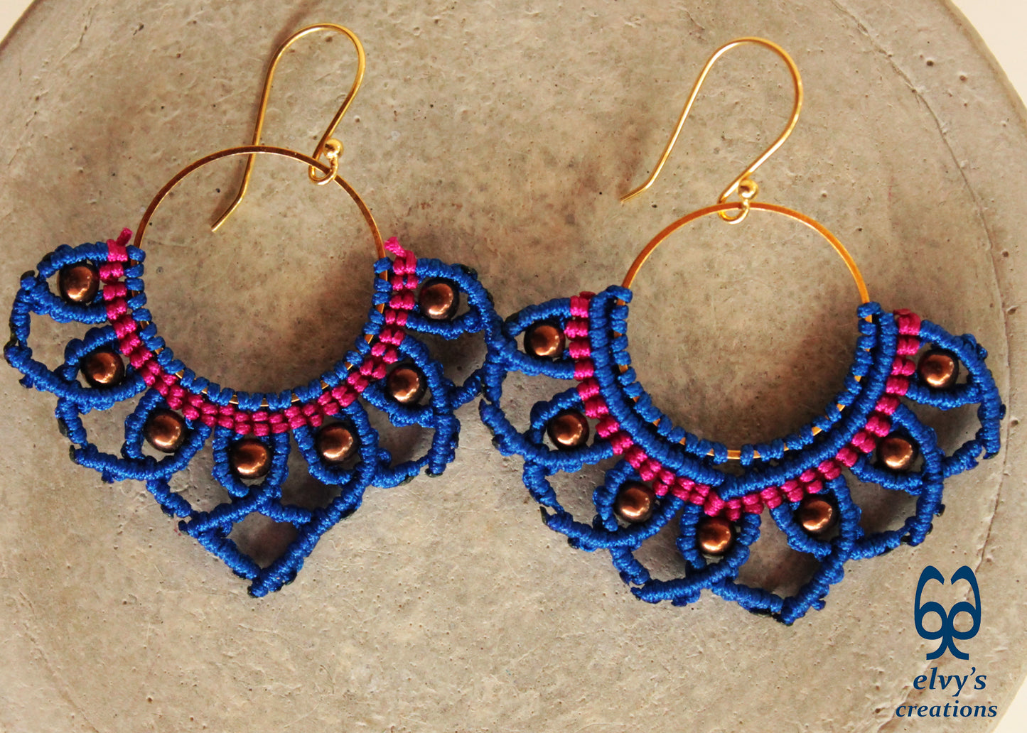 Blue Macrame Earrings with Hematite Gemstones Lotus Gold Hoop Earrings