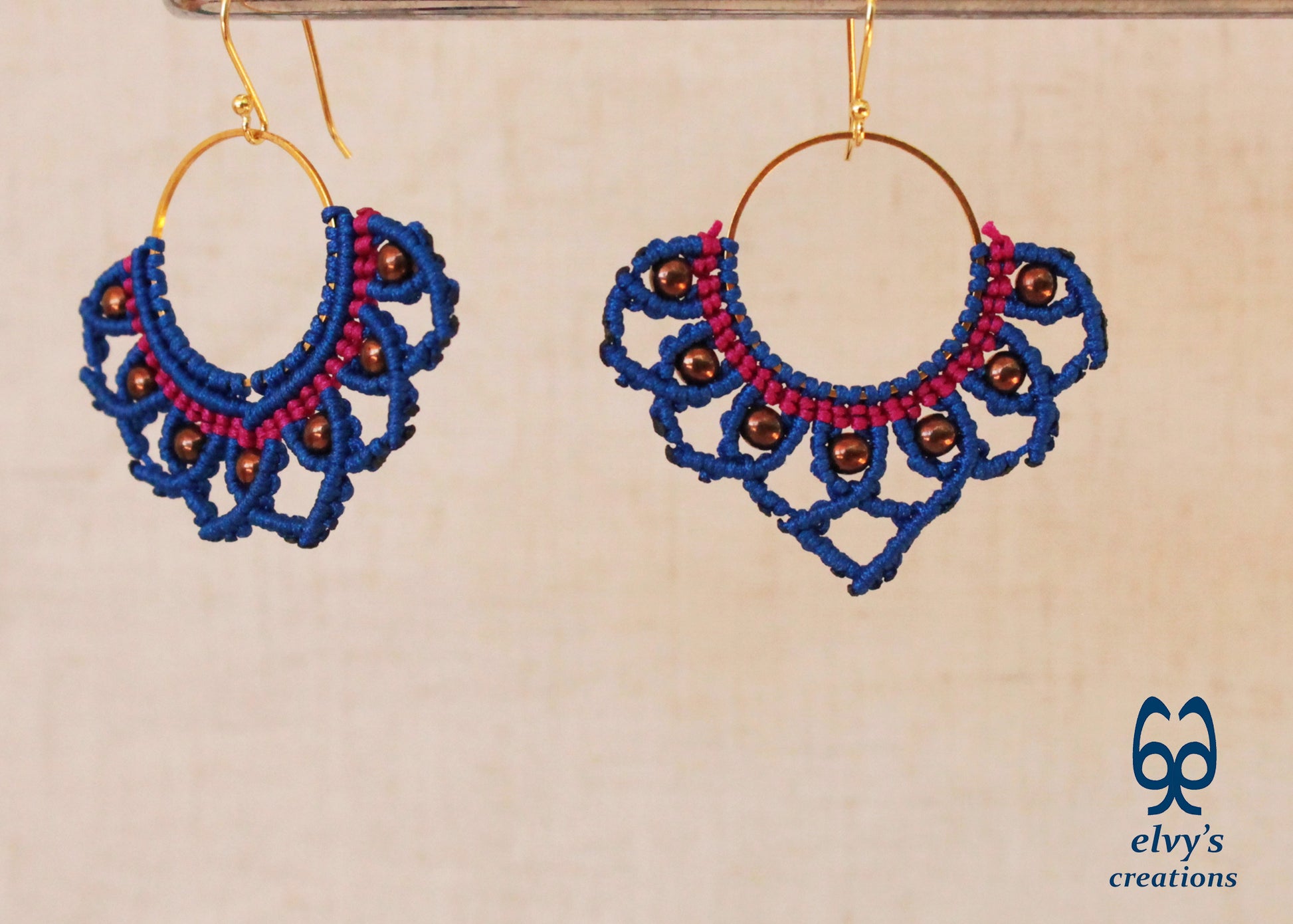 Blue Macrame Earrings with Hematite Gemstones Lotus Gold Hoop Earrings