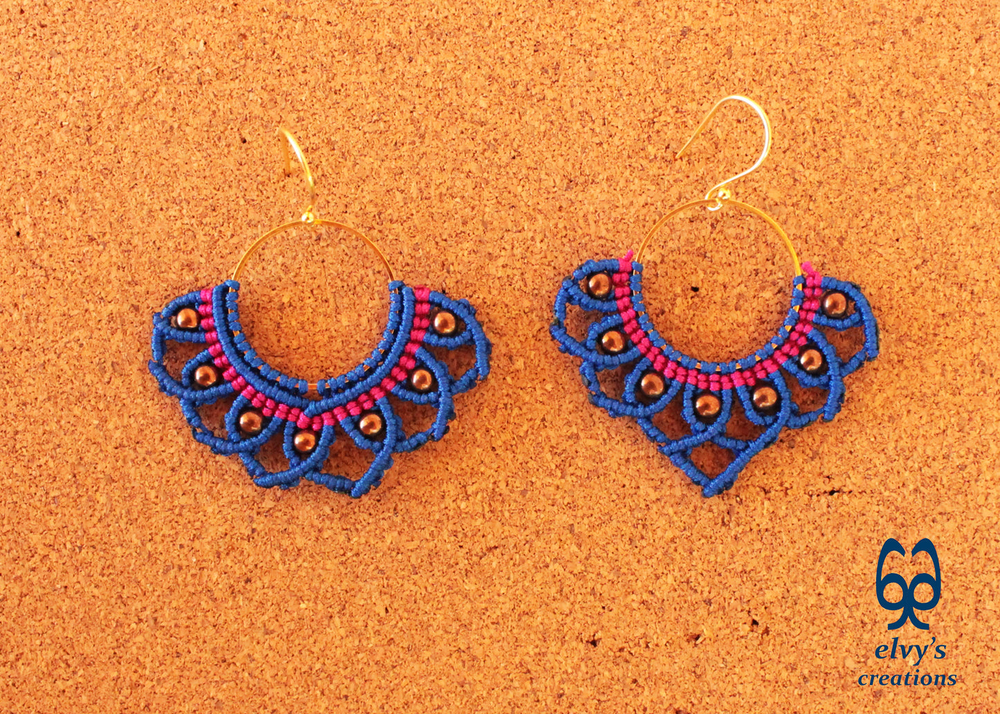 Blue Macrame Earrings with Hematite Gemstones Lotus Gold Hoop Earrings