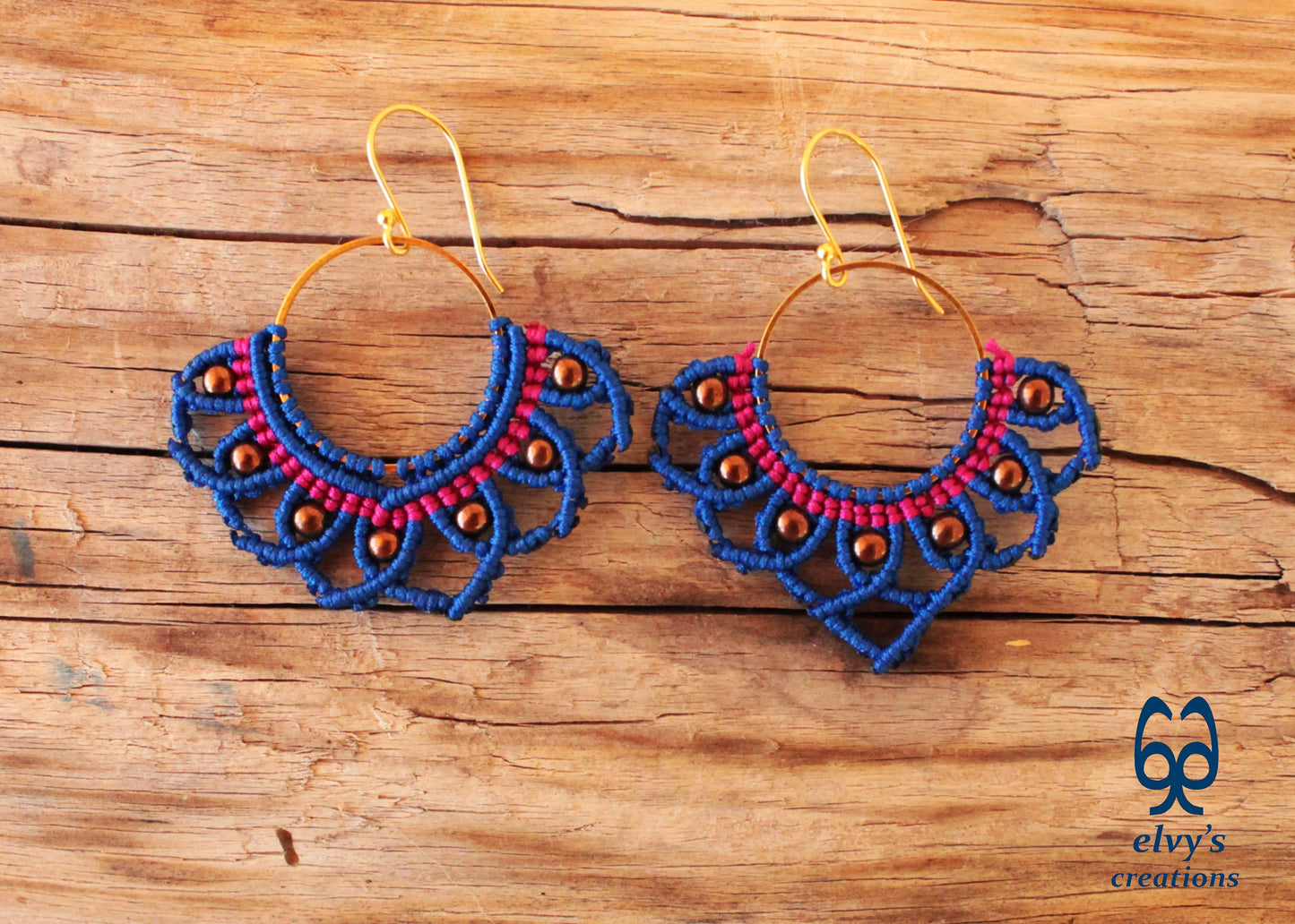 Blue Macrame Earrings with Hematite Gemstones Lotus Gold Hoop Earrings