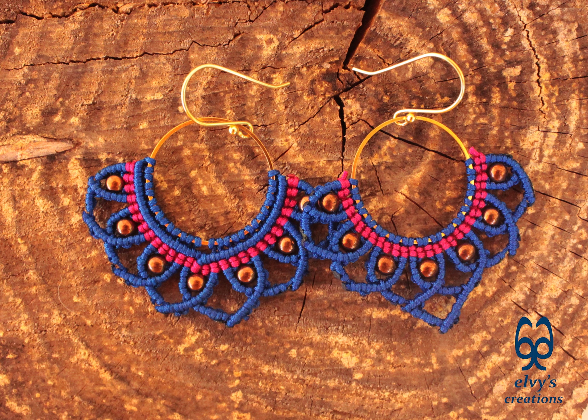 Blue Macrame Earrings with Hematite Gemstones Lotus Gold Hoop Earrings