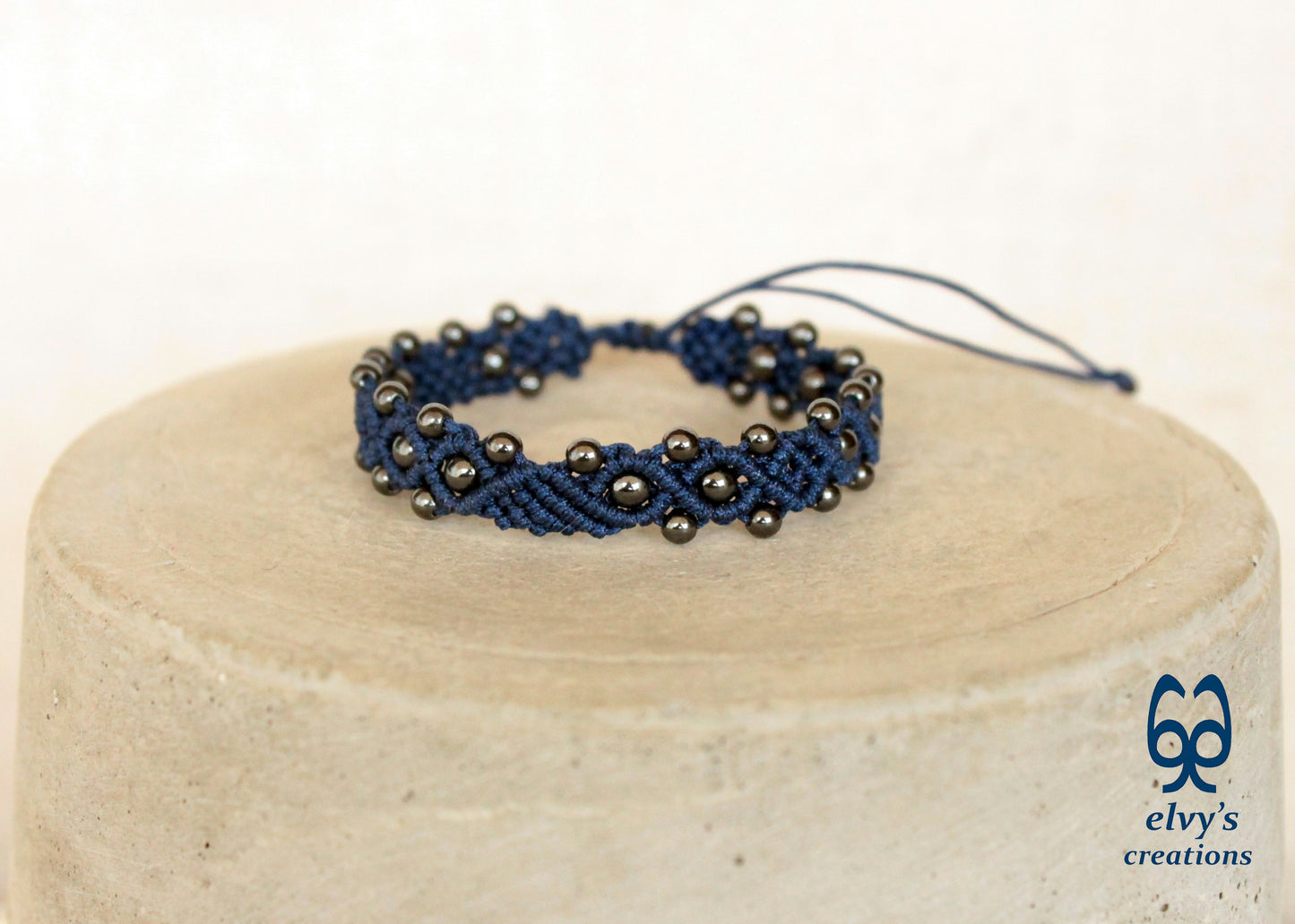 Blue Macrame Bracelet with Gray Hematite Gemstone Beaded Cuff, Unique Birthday Gift for Women