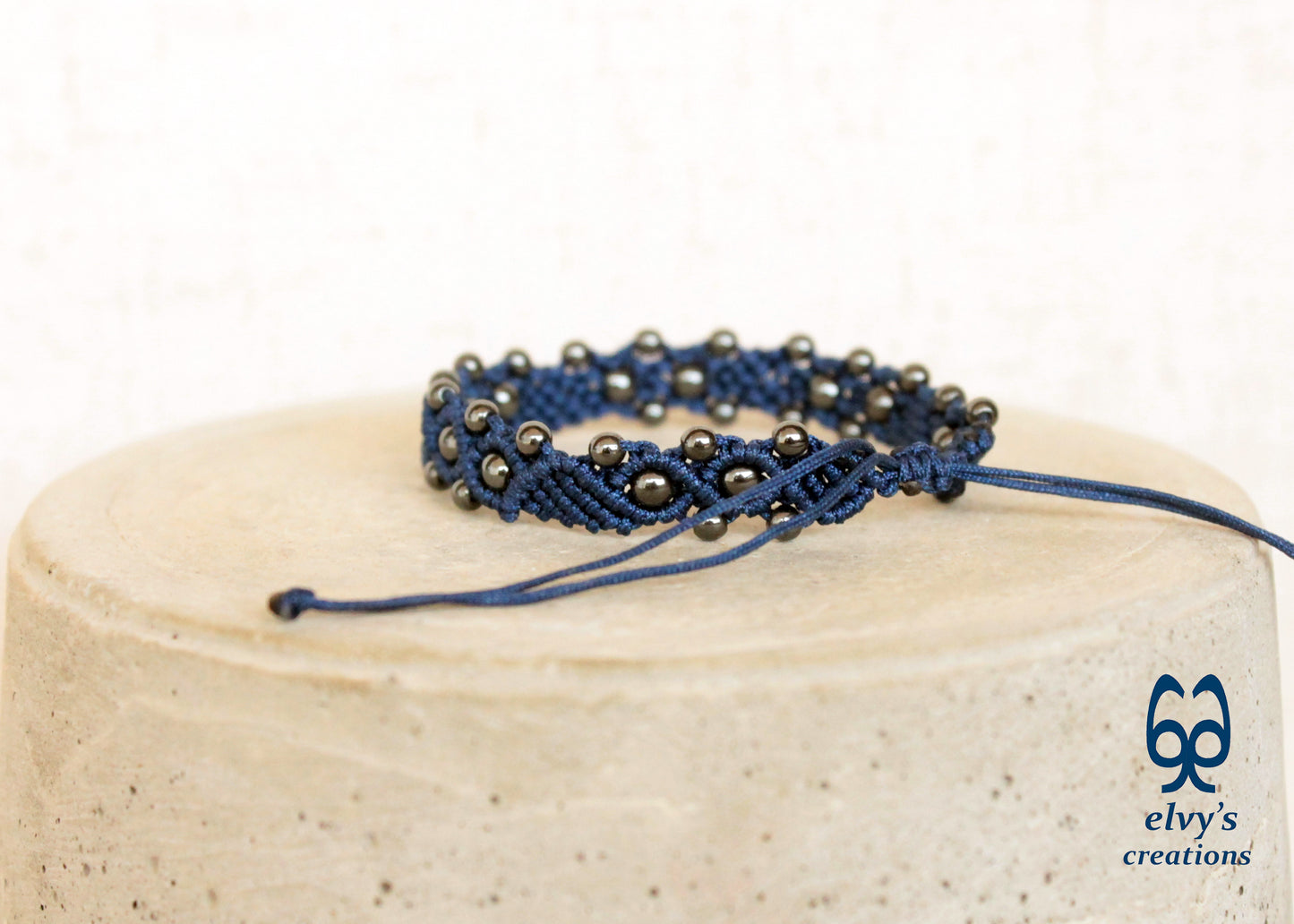 Blue Macrame Bracelet with Gray Hematite Gemstone Beaded Cuff, Unique Birthday Gift for Women