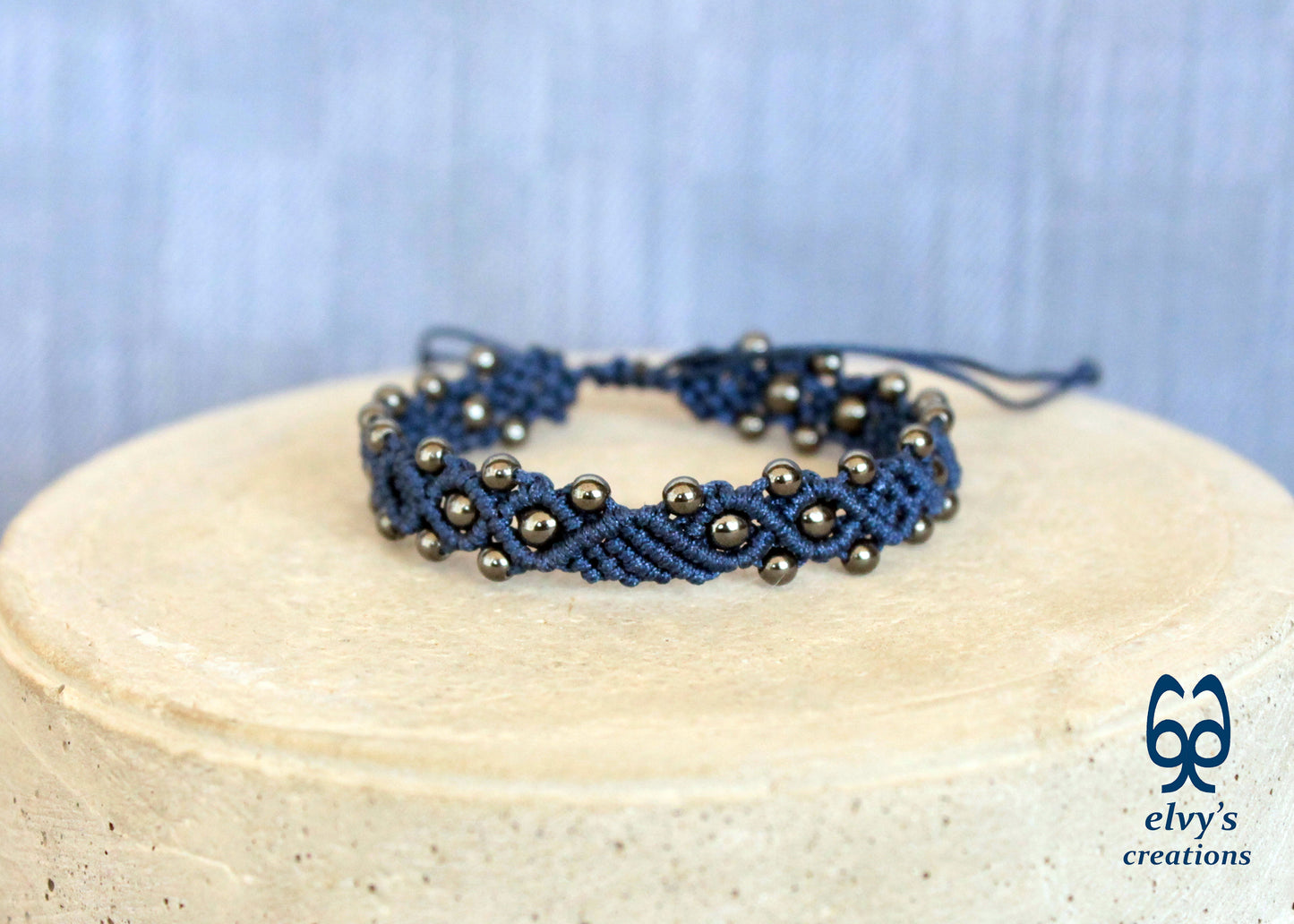 Blue Macrame Bracelet with Gray Hematite Gemstone Beaded Cuff, Unique Birthday Gift for Women