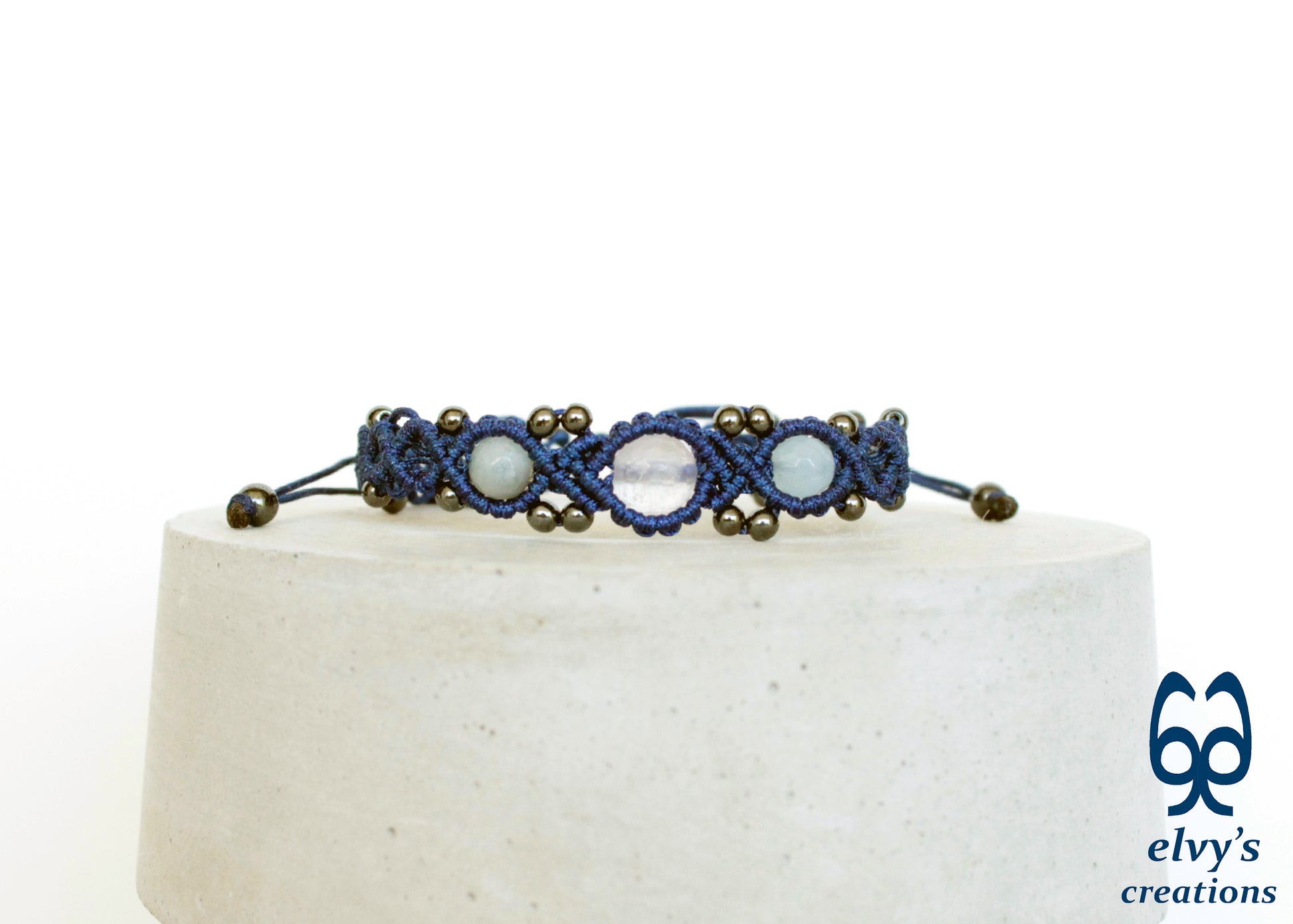 Blue Beaded Macrame Cuff Bracelet With White and Blue Quartz and Gray Hematite Gemstones Bracelet Gift for her