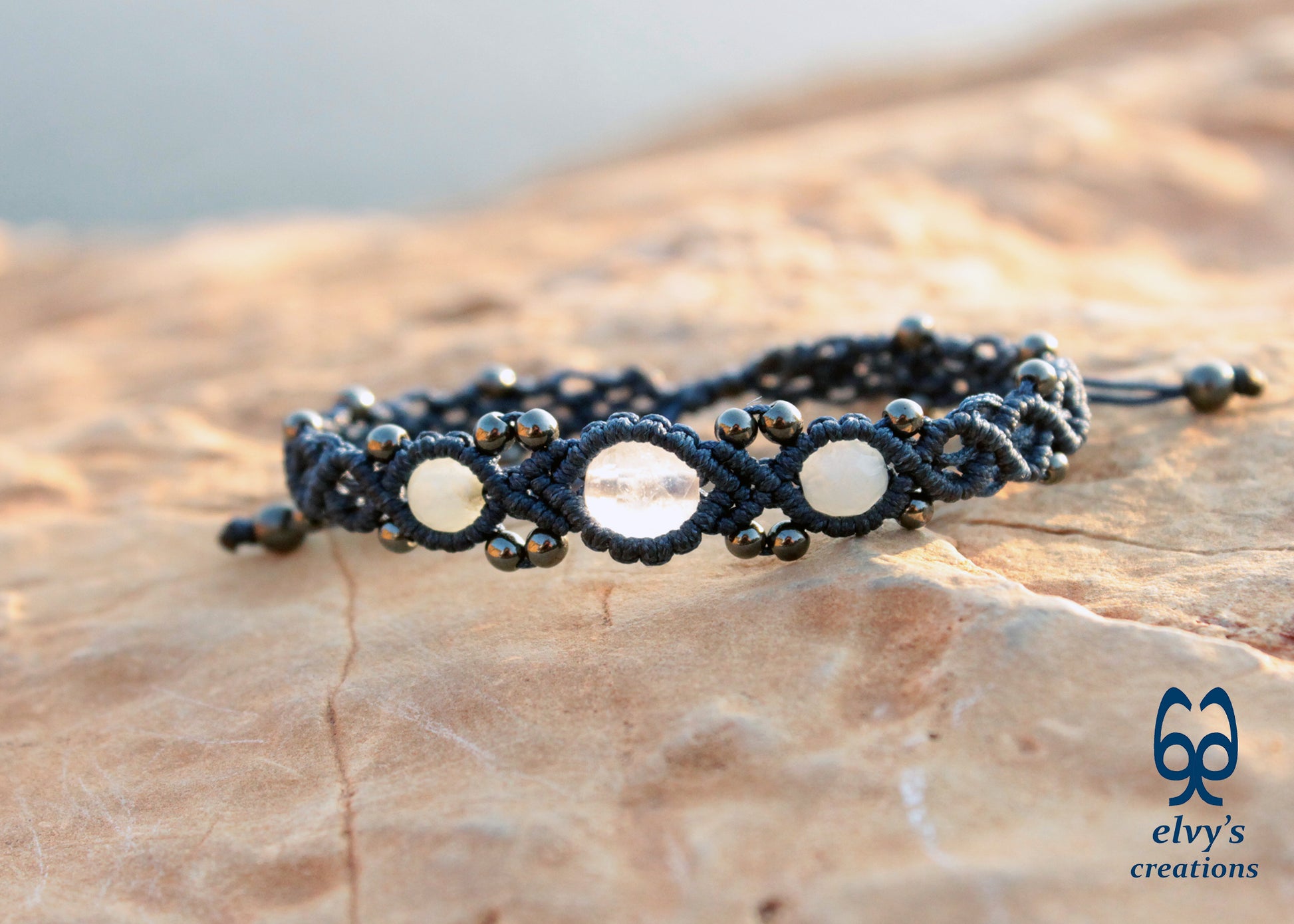 Blue Beaded Macrame Cuff Bracelet With White and Blue Quartz and Gray Hematite Gemstones Bracelet Gift for her
