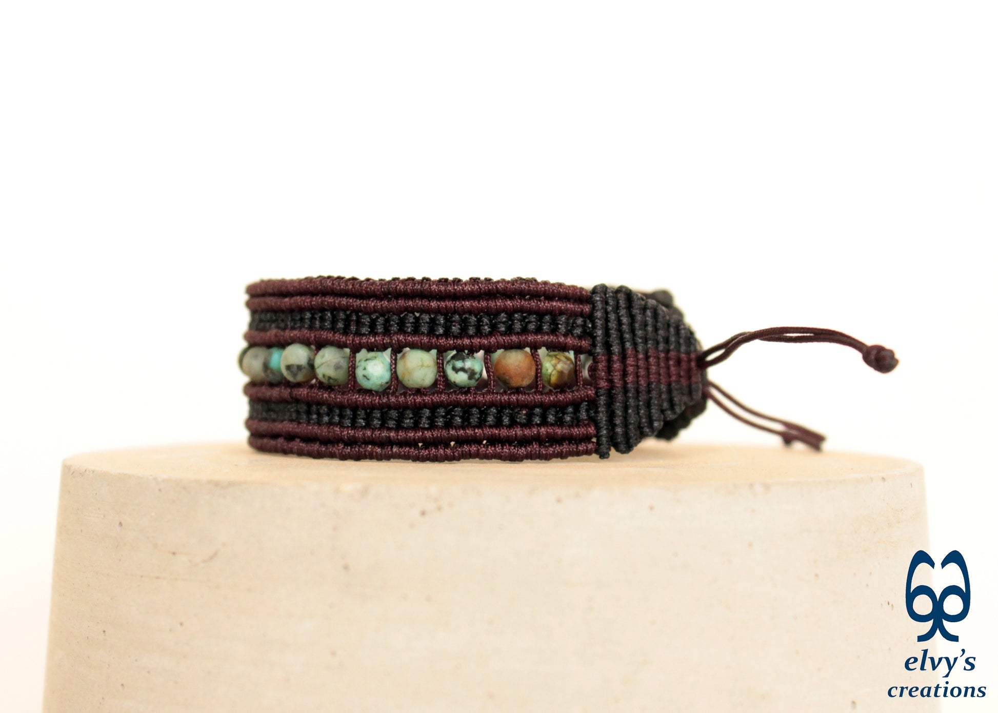 Macrame Cuff Adjustable Bracelet Brown and Black Turquoise Natural Beads