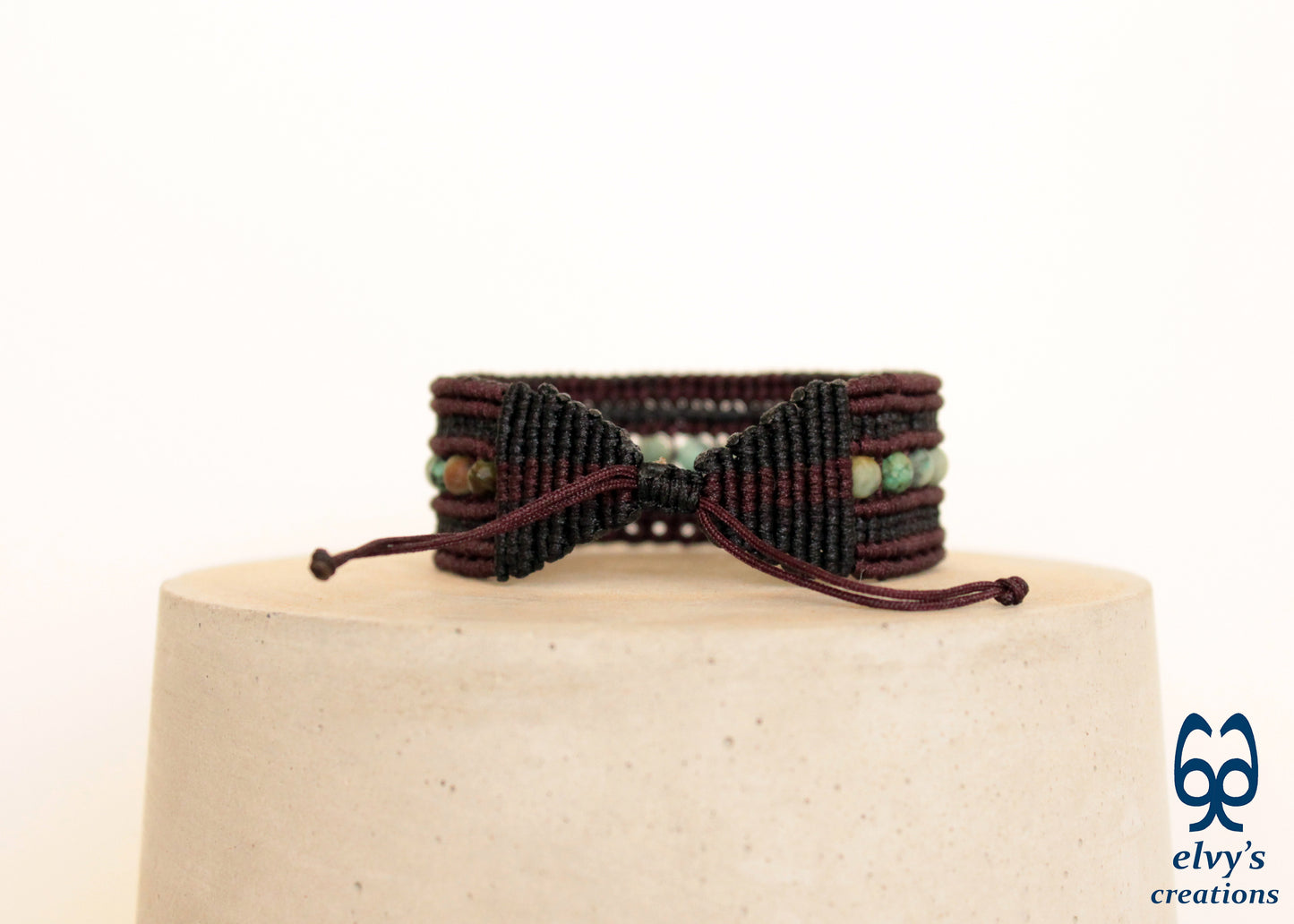 Macrame Cuff Adjustable Bracelet Brown and Black Turquoise Natural Beads