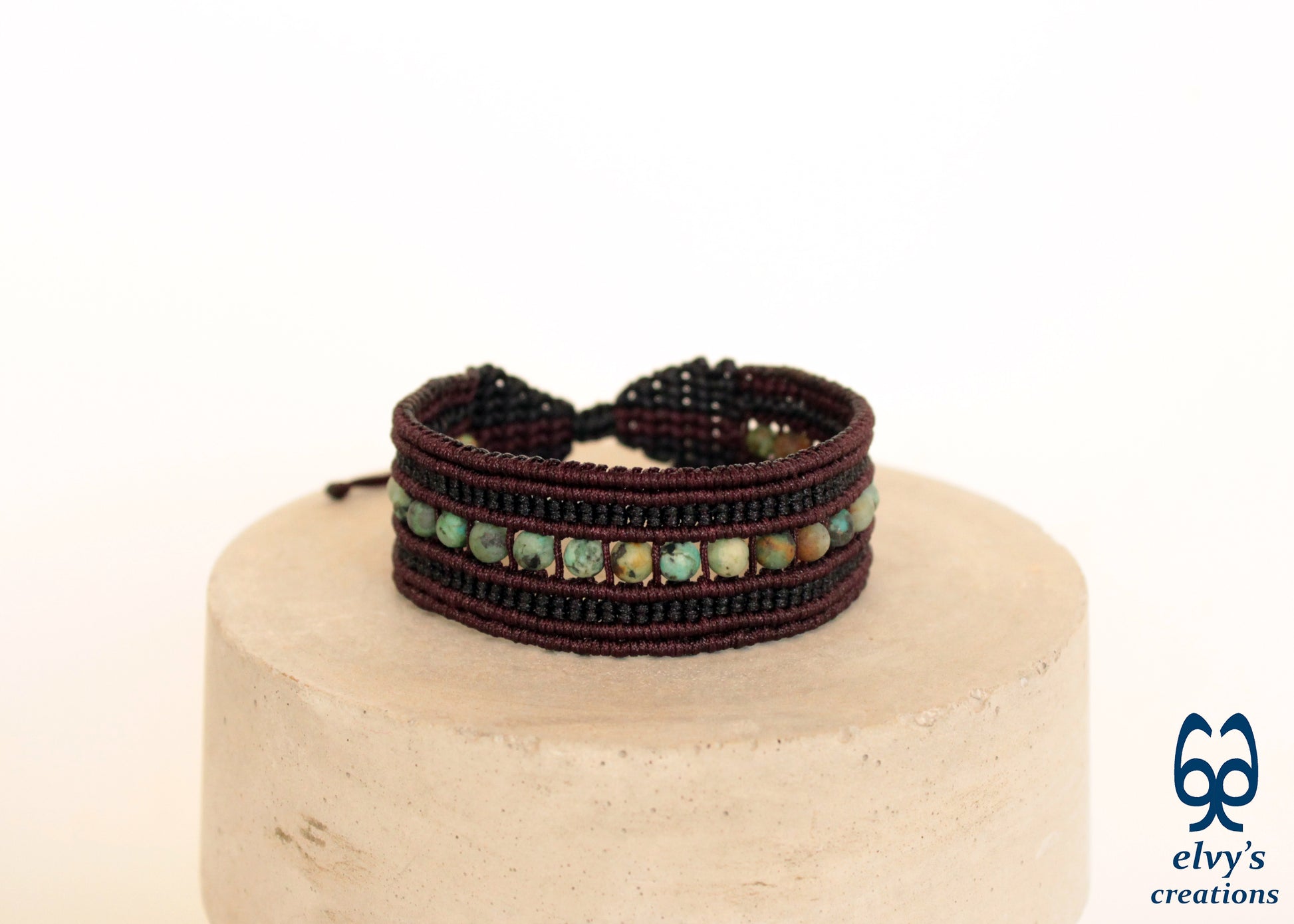 Macrame Cuff Adjustable Bracelet Brown and Black Turquoise Natural Beads