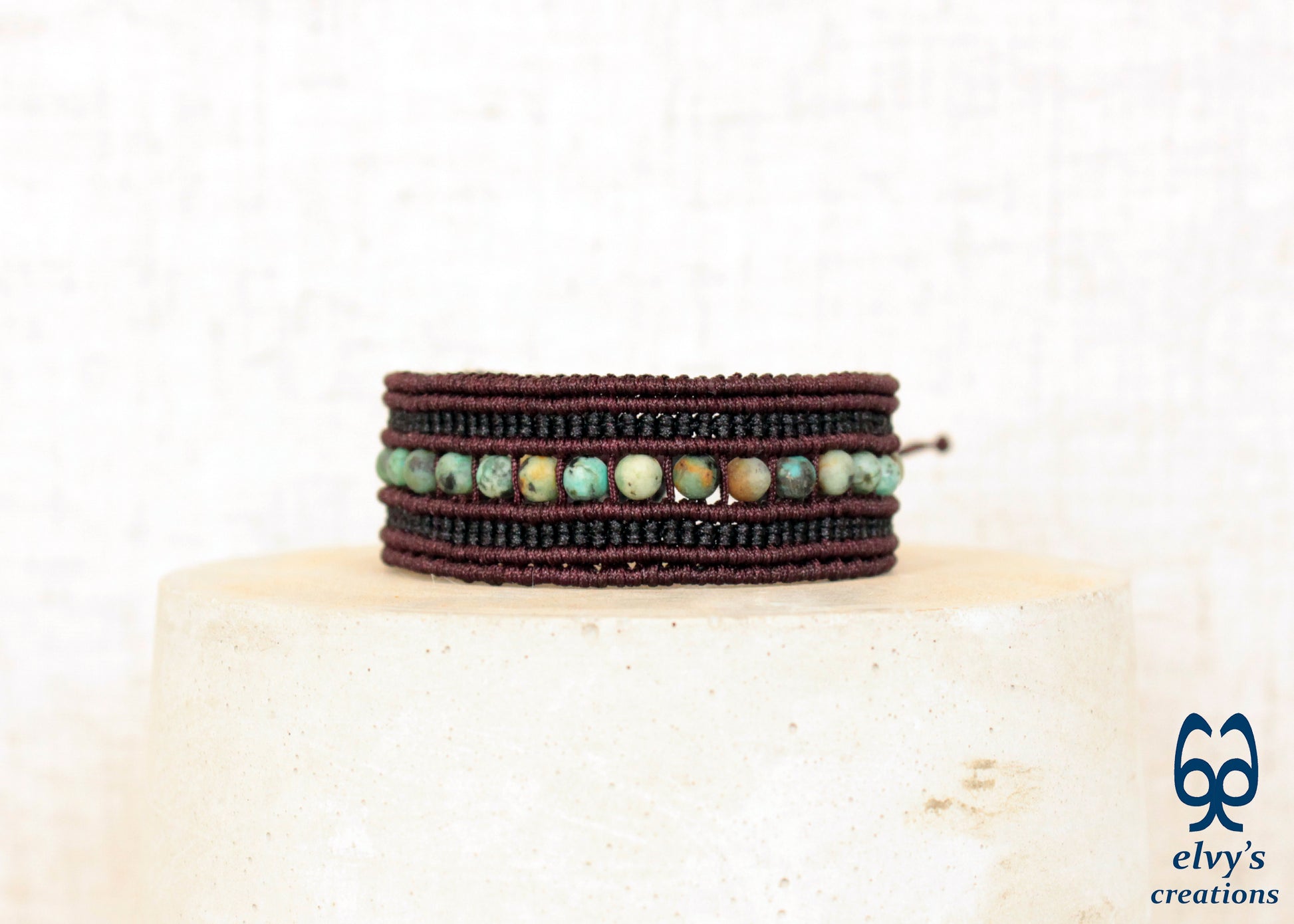 Macrame Cuff Adjustable Bracelet Brown and Black Turquoise Natural Beads