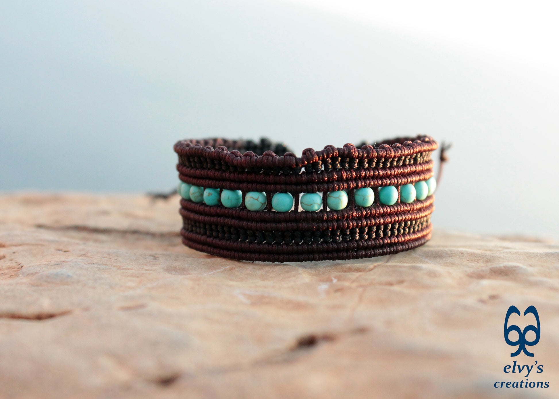 Turquoise Macrame Bracelet, Gemstone Beaded Cuff, Unique Birthday Gift for Women or Men