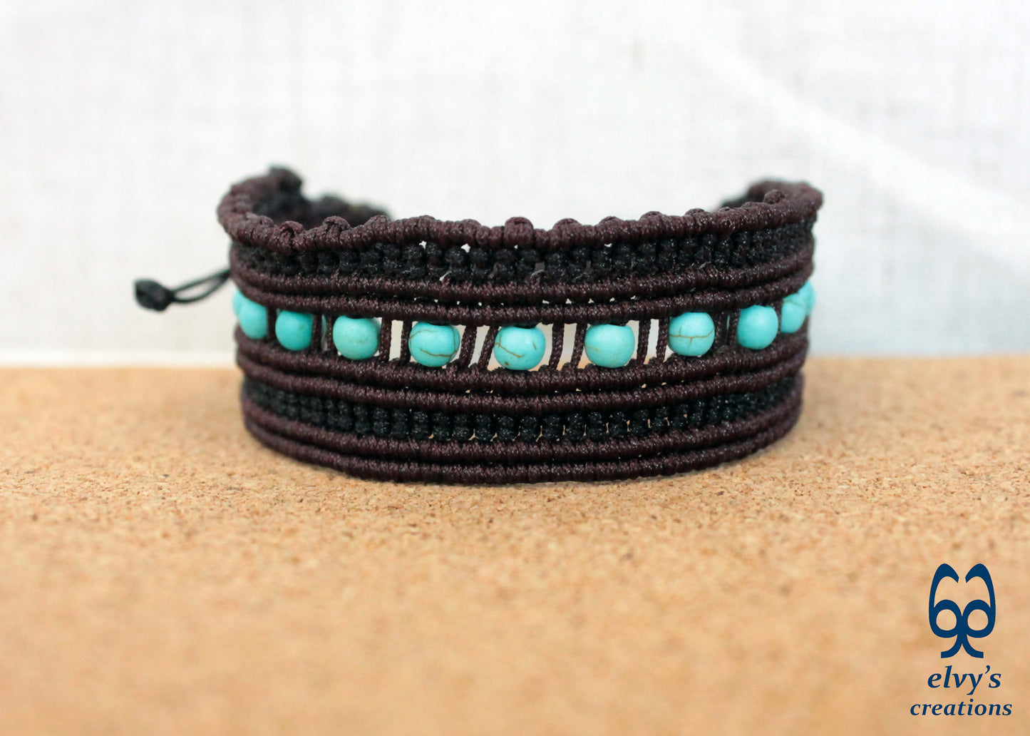 Turquoise Macrame Bracelet, Gemstone Beaded Cuff, Unique Birthday Gift for Women or Men