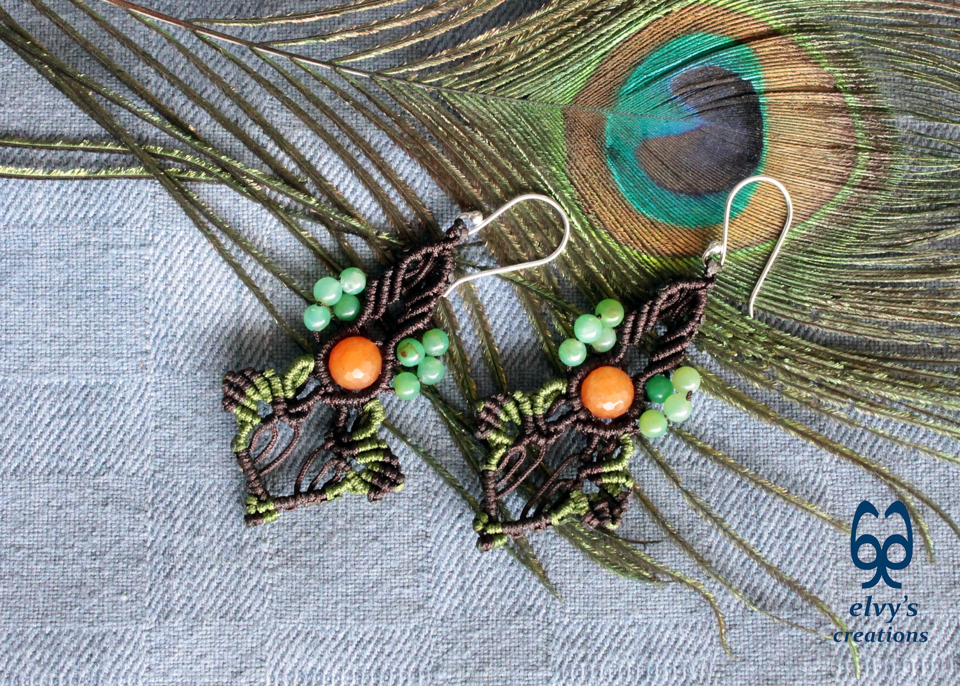 Brown Carnelian Macrame Beaded Earrings Green Gemstone Dangle Earrings Birthday Gift for Women