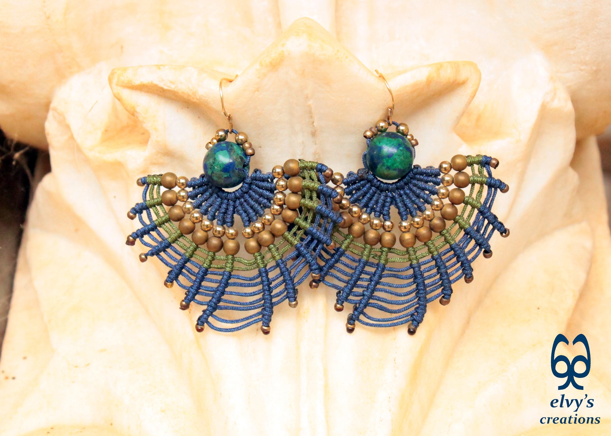 Macrame Earrings with Natural Amazonite and Hematite Peacock Colors and Small Brass Beads