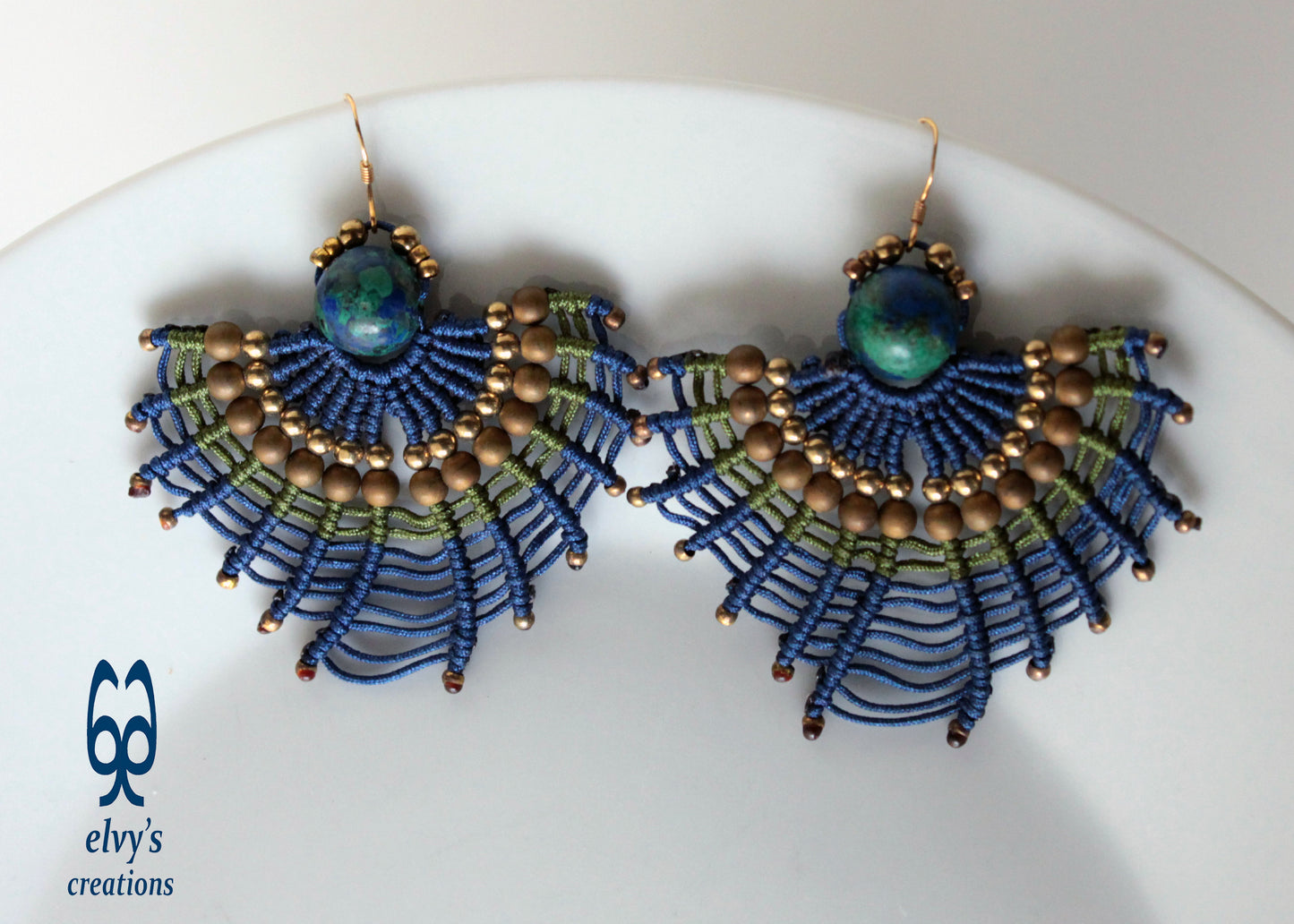 Macrame Earrings with Natural Amazonite and Hematite Peacock Colors and Small Brass Beads