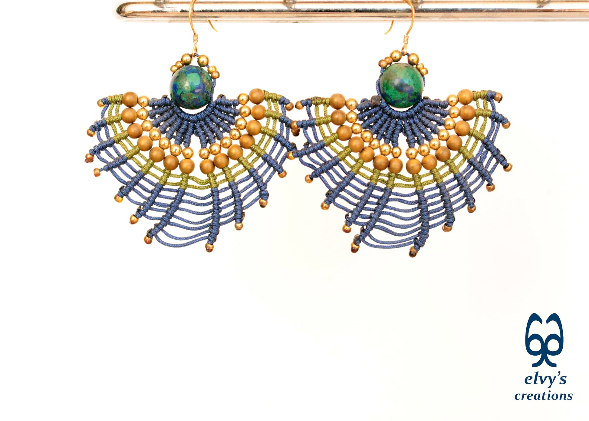 Macrame Earrings with Natural Amazonite and Hematite Peacock Colors and Small Brass Beads