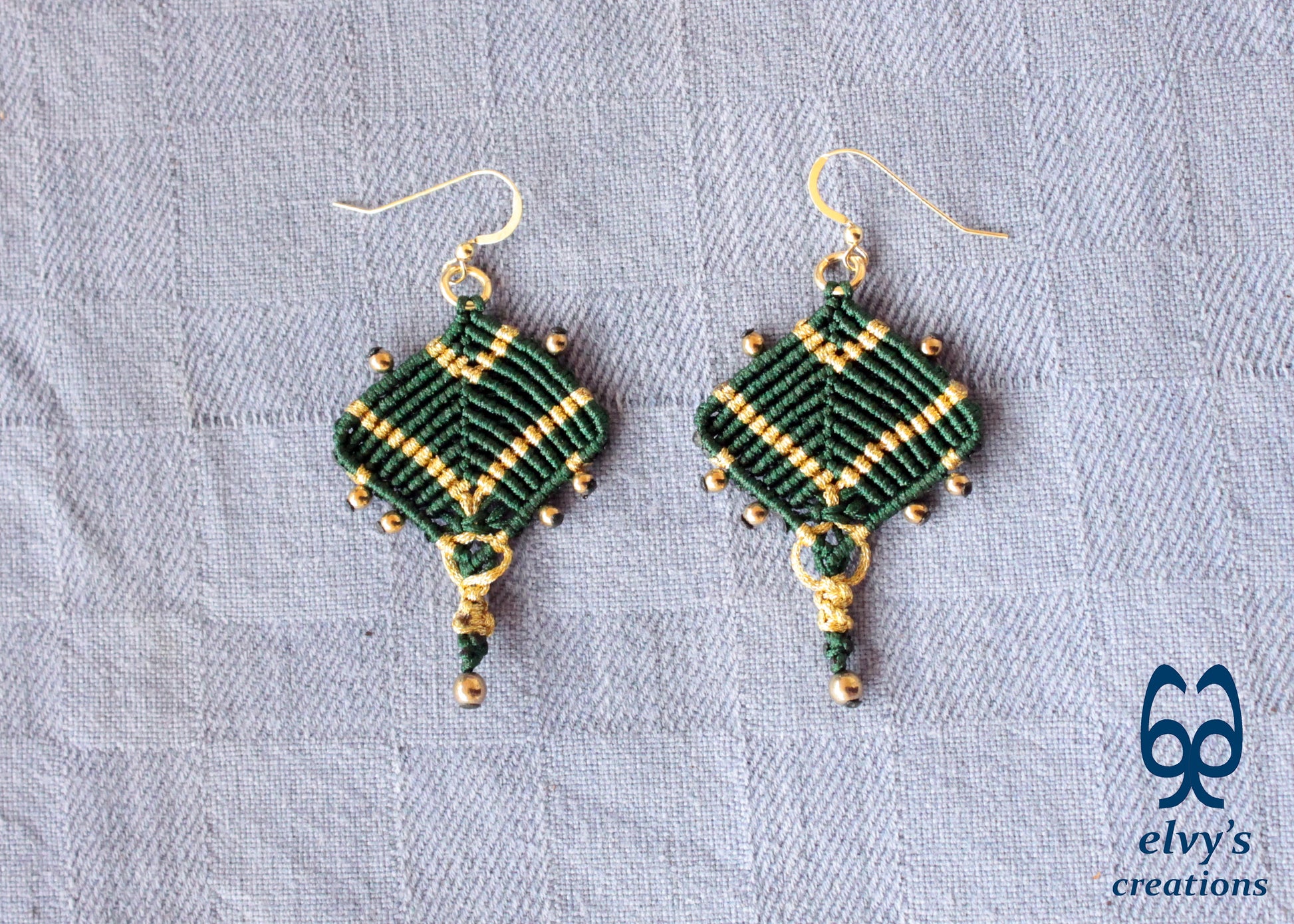 Handmade Green and Gold Macrame Earrings, Dangle Gemstone Beads Earrings, Birthday Gift for Women