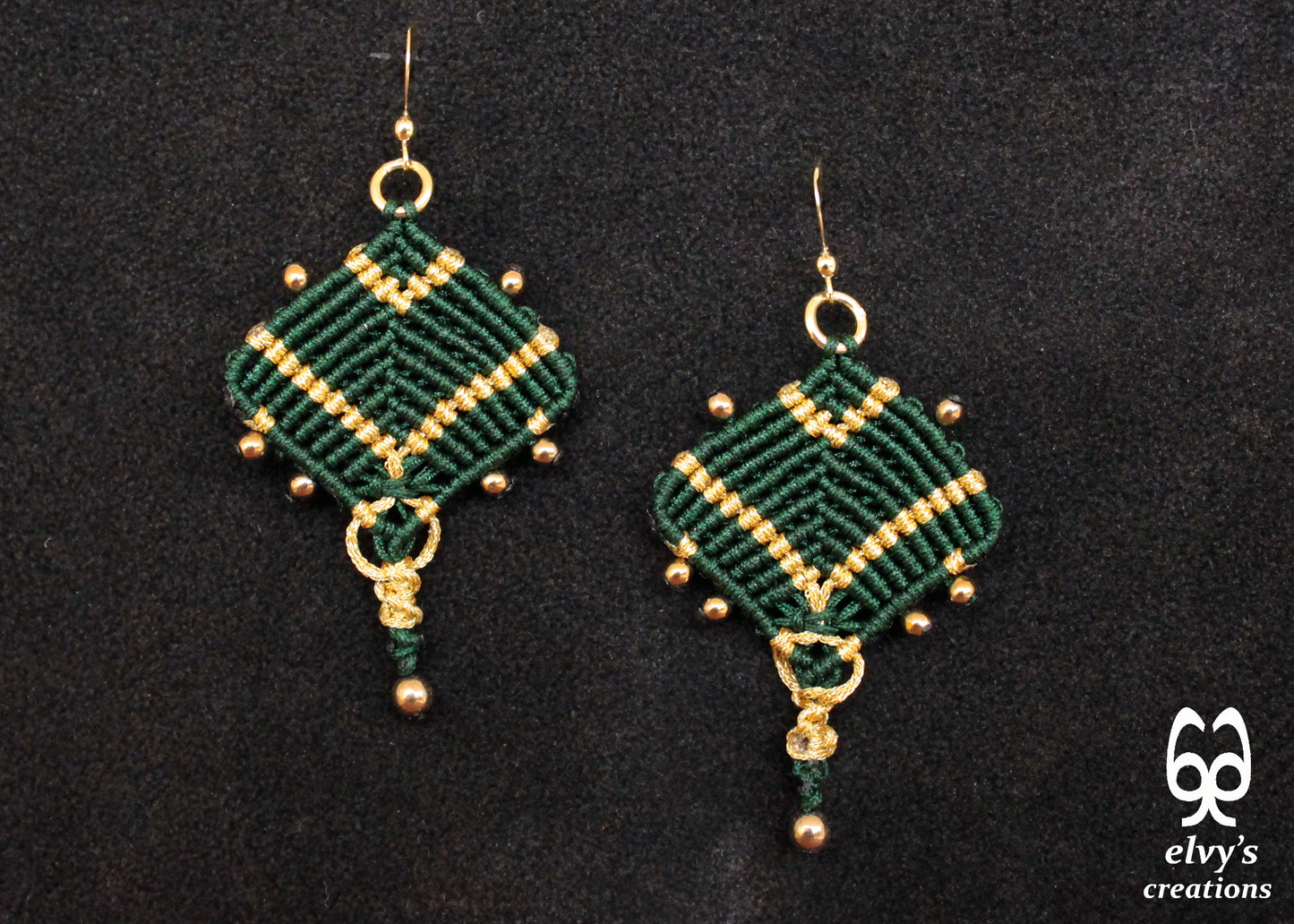 Handmade Green and Gold Macrame Earrings, Dangle Gemstone Beads Earrings, Birthday Gift for Women