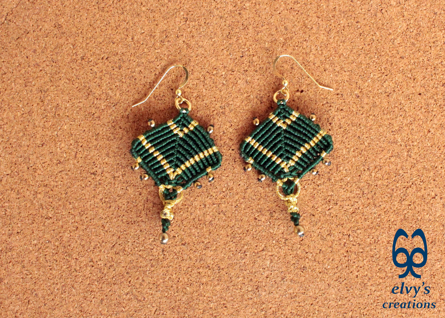 Handmade Green and Gold Macrame Earrings, Dangle Gemstone Beads Earrings, Birthday Gift for Women