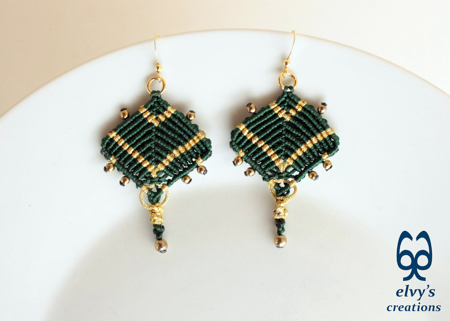 Handmade Green and Gold Macrame Earrings, Dangle Gemstone Beads Earrings, Birthday Gift for Women