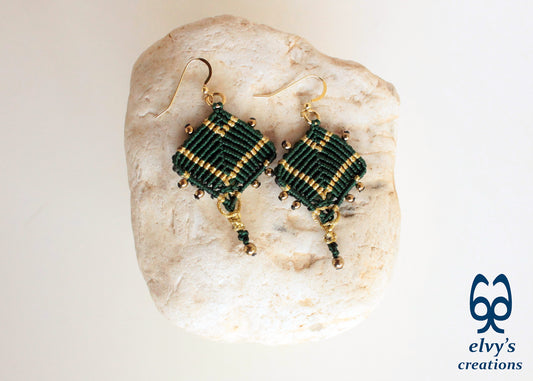 Handmade Green and Gold Macrame Earrings, Dangle Gemstone Beads Earrings, Birthday Gift for Women