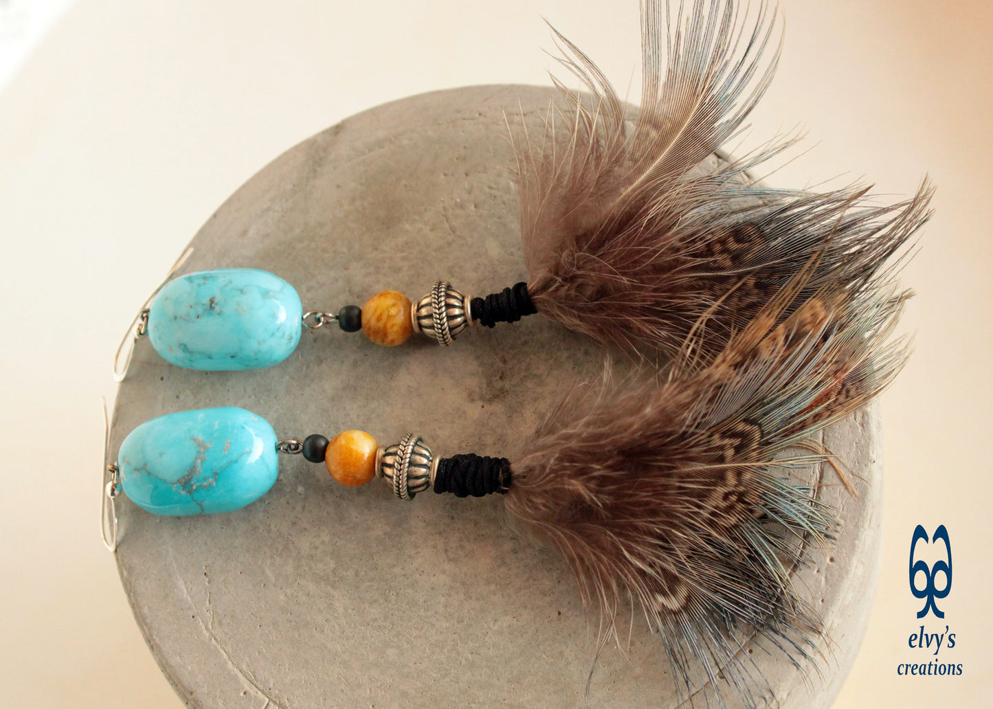 Turquoise Howlite Earrings with yellow Agate Jewelry with Natural Peacock Feathers Boho Jewelry Gift for her