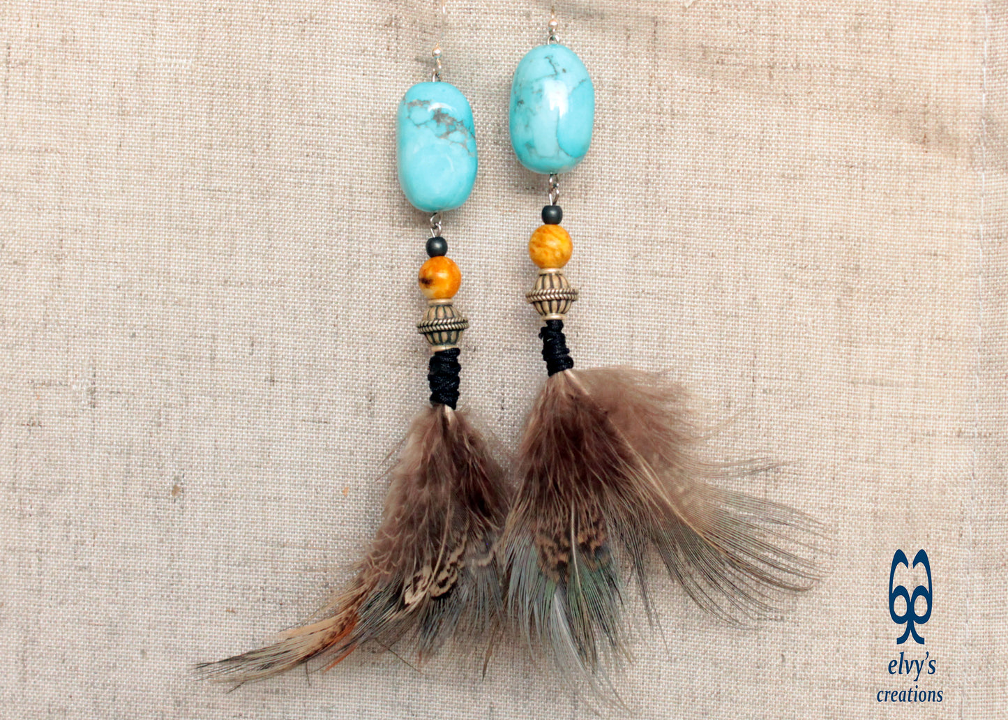 Turquoise Howlite Earrings with yellow Agate Jewelry with Natural Peacock Feathers Boho Jewelry Gift for her