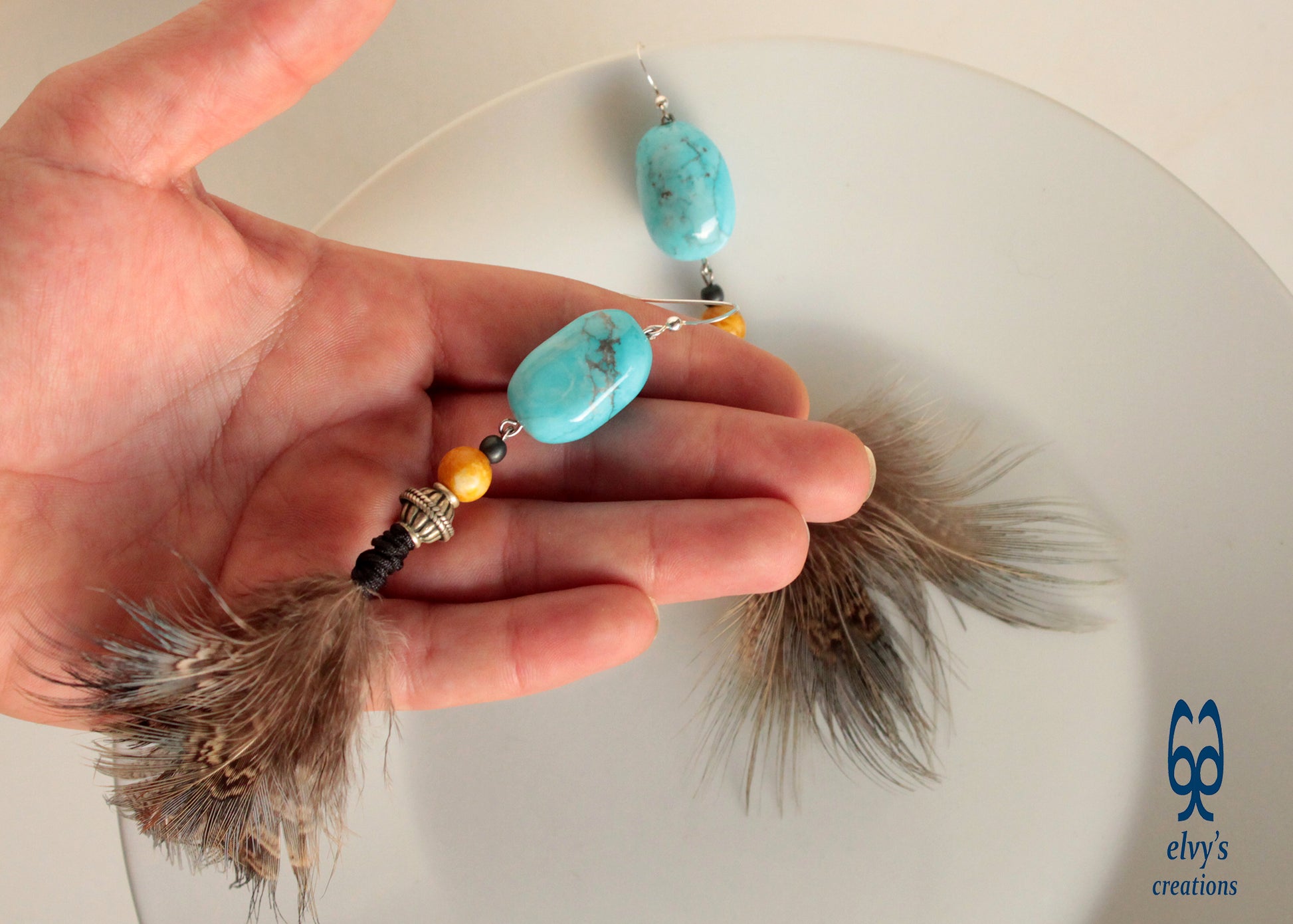 Turquoise Howlite Earrings with yellow Agate Jewelry with Natural Peacock Feathers Boho Jewelry Gift for her