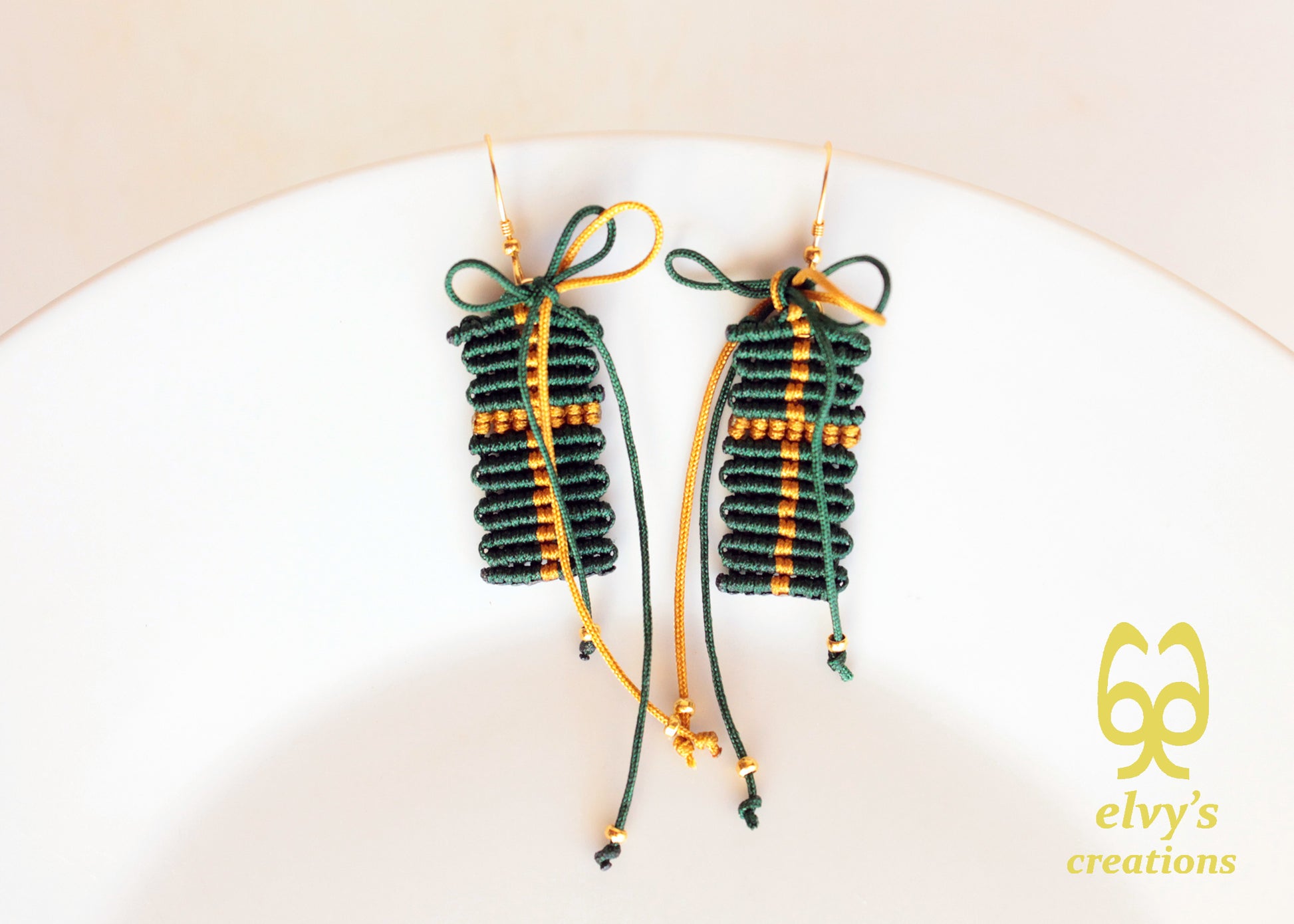 Christmas Present Macrame Earrings Holiday Season New Year Gift for her Green Christmas Present with Golden Brass Beads Sterling Silver 925